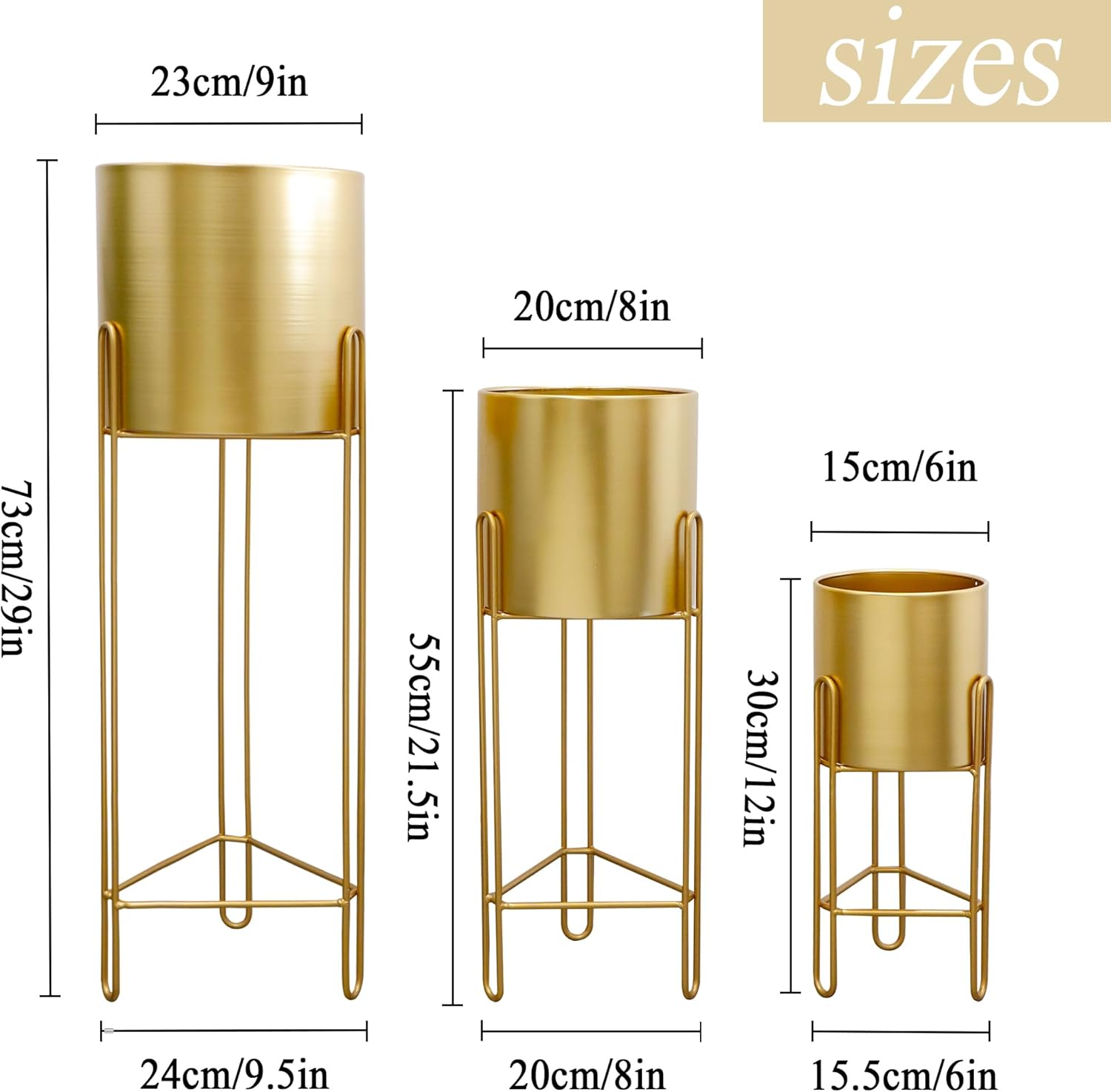 TRIROCKS Set of 3 Large Planters with Stand Gold Planter for Indoor Plants 29 &22 &12" Tall Morden Metal Plant Pots for Living Room Corner Kitchen Office Garden Balcony Patio Decor