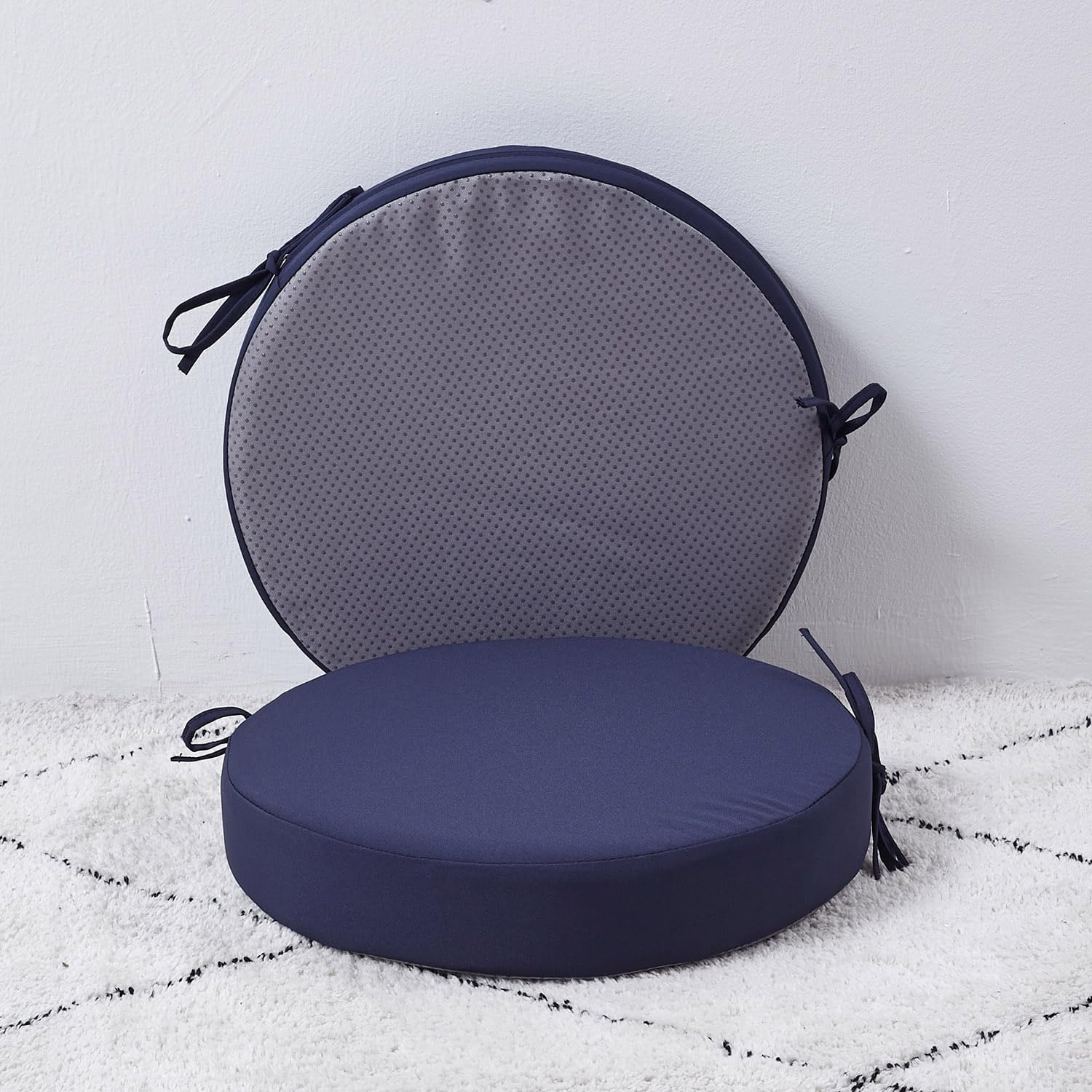 15 x 15 Inch Round Cushions for Outdoor Furniture Non-Slip Waterproof Patio Bistro Chair Cushion with Ties Bar Stool Seat Cushion for Kitchen Chairs Set of 2, Navy Blue