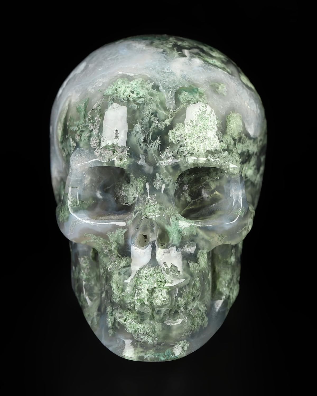 Skullis 2.0” Green Moss Agate Crystal Skull, Hand Carved Gemstone Fine Art Sculpture, Reiki Healing Stone Statue.