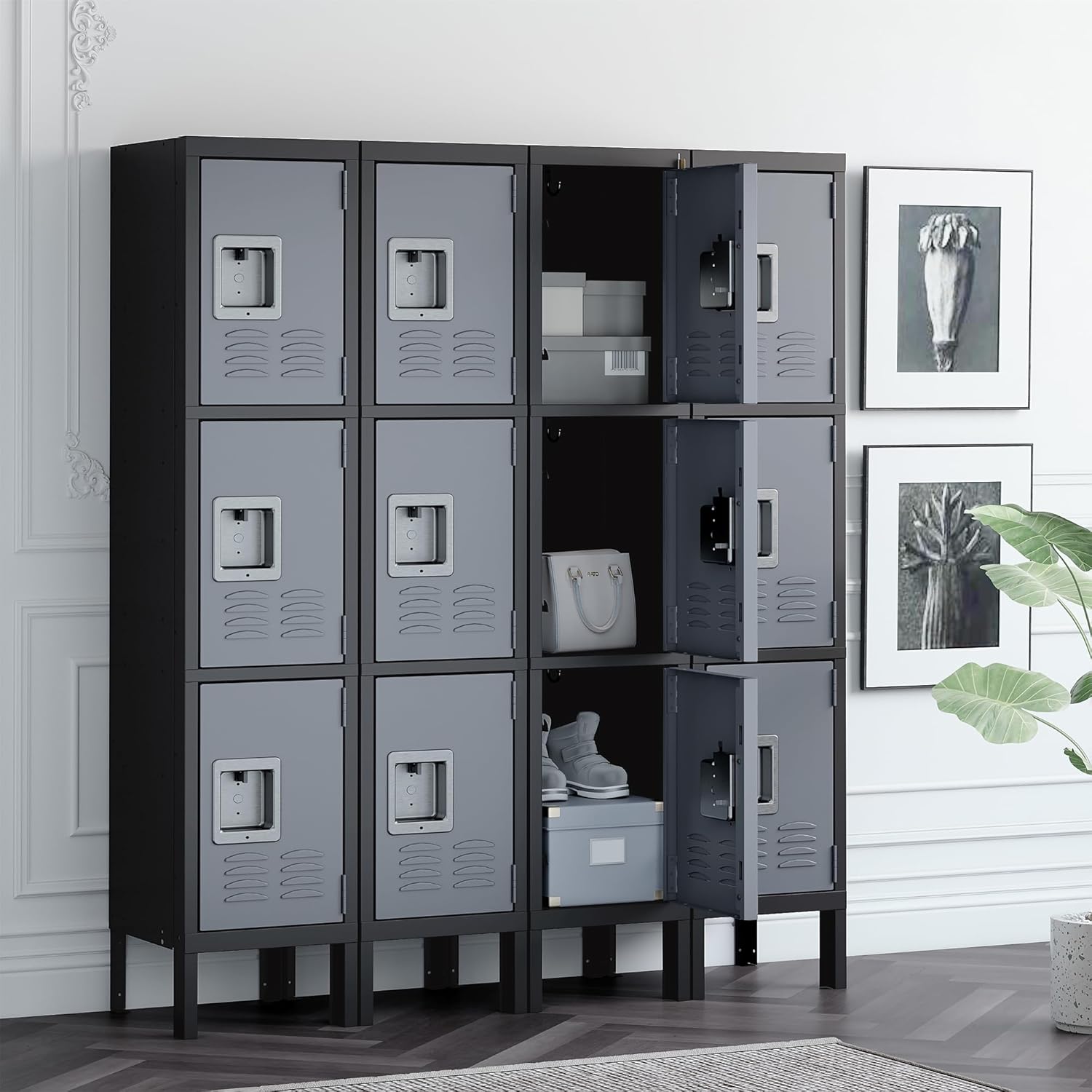 Metal Locker for School Home Office Gym, Steel Storage Lockers for Employees Students, 3 Tier Metal Storage Locker Cabinet with 3 Doors (Black Grey)