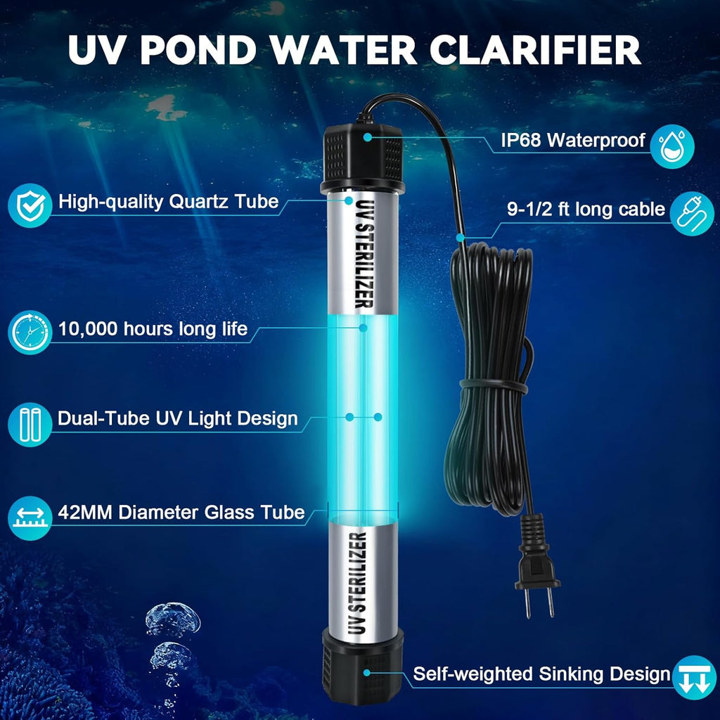 60W Pond UV Light, Waterproof Aquarium UV Light for 500-5000 Gallon, UV Pond Water Purifier for Koi Pond Algae Control in Koi Ponds, Cold Pools, Aquariums, Swimming Pools, Spas and Fish Tanks