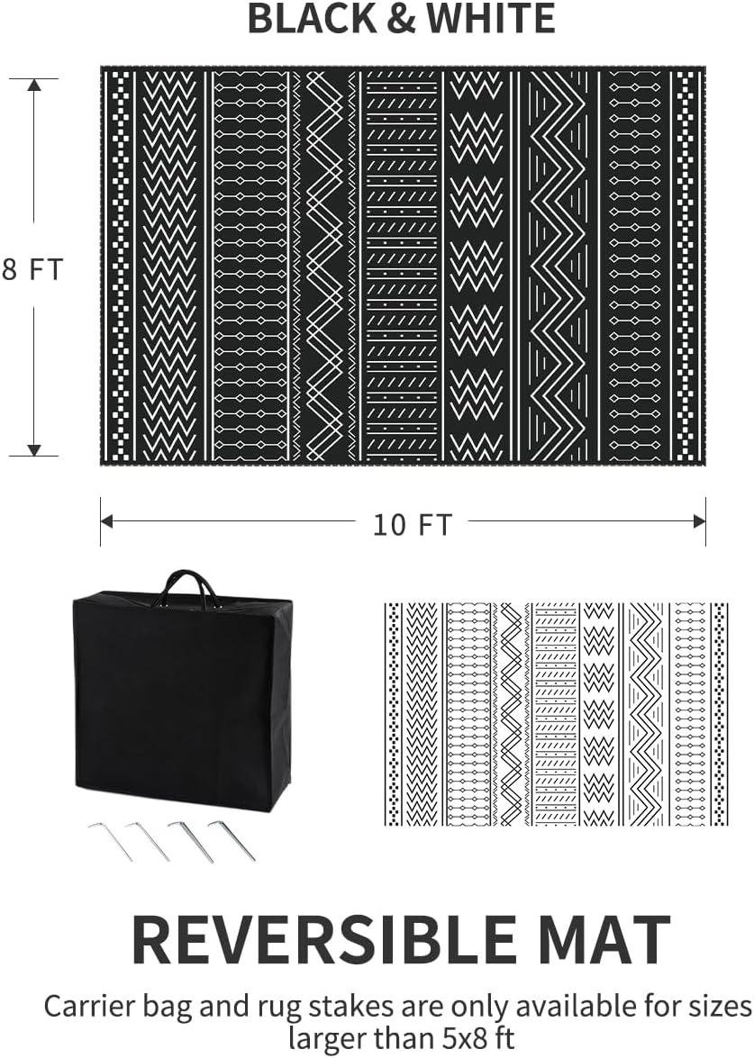 Outdoor Rug Carpet Waterproof 8x10 ft Patio Rug Mat Indoor Outdoor Area Rug for RV Camping Picnic Reversible Lightweight Plastic Straw Outside Rug for Patio Decor Decoration Boho Rug Black White