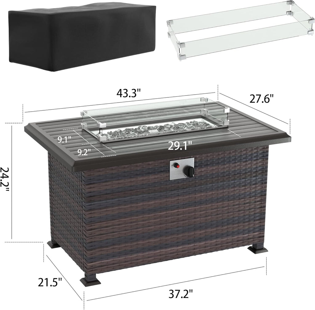 Kurapika Propane Fire Pit Table 43 Inch 55,000 BTU Auto-Ignition, CSA Certification Outdoor Rattan Gas Fire Pits with Slide Out Tank Holder, Outdoor Fire Tables Wider Desktop, Windshield and Lid