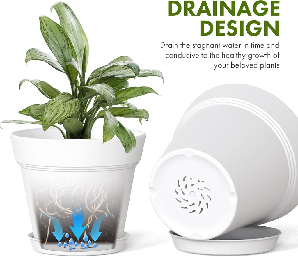 6 Inch Thick Plastic Plant Pots with Drainage Holes and Trays – 6 Pack Nursery Pots for Indoor & Outdoor House Plants, Seedling Starter Planters for Garden Flowers, White