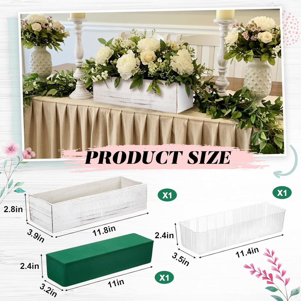 Dandat 1 Set Wood Boxes for Centerpieces 12x4 Inch Rectangle Wooden Planter Box Rustic Wooden Planters with Removable Plastic Liner Floral Foam Blocks for Home Wedding Garden Decor