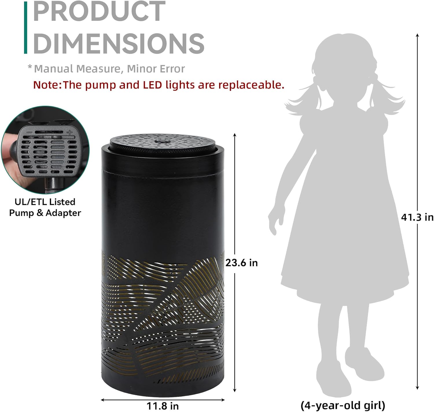 23.6 Inch Modern Outdoor Water Fountain with LED Lights - Black Geometric Bird Bath Garden Fountain for Patio, Yard, Porch Decor - Soothing Waterfall for Relaxing Ambiance