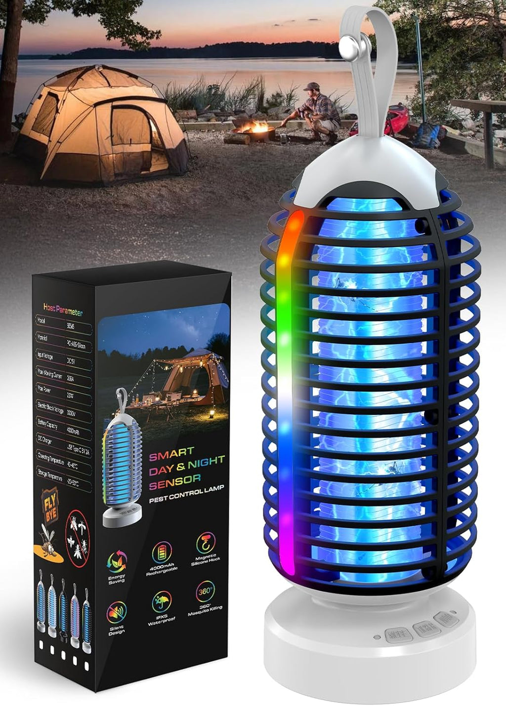 (2 Pack) Bug Zapper Outdoor with Marquee Light, Cordless Mosquito Zapper, 4000mAh Rechargeable Bug Zapper Indoor, Auto On/Off Waterproof Mosquito Trap Fly Zapper for Patio Backyard Kitchen Camping