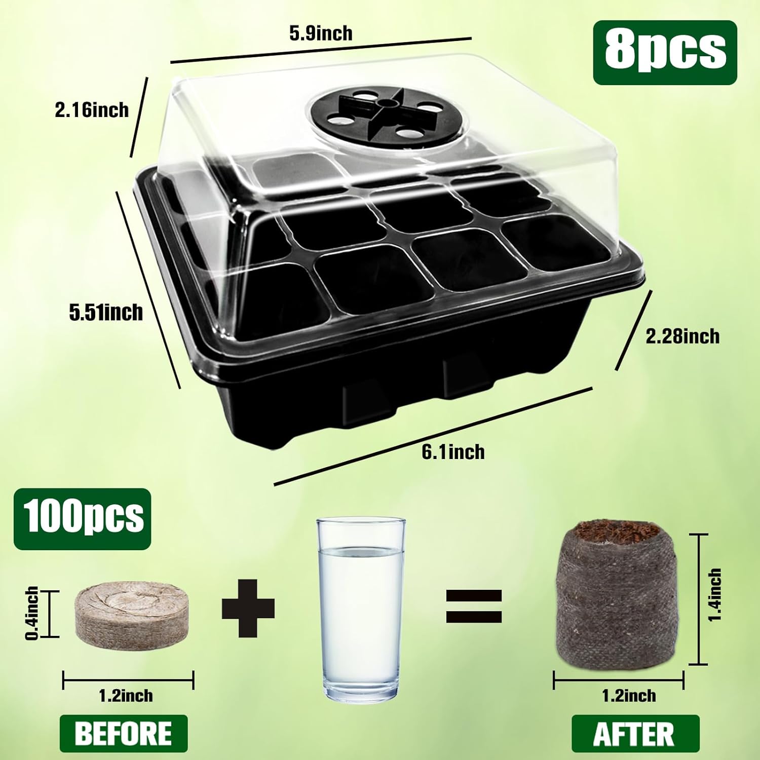 Halatool 8 Pack Seed Starter Tray with 100 PCS Peat Pellets, 96 Cells Black Plant Germination Trays for Organic Seed Starter Soil Pods for Planting Vegetables Plants Flowers Herbs - Starting Seeds Kit