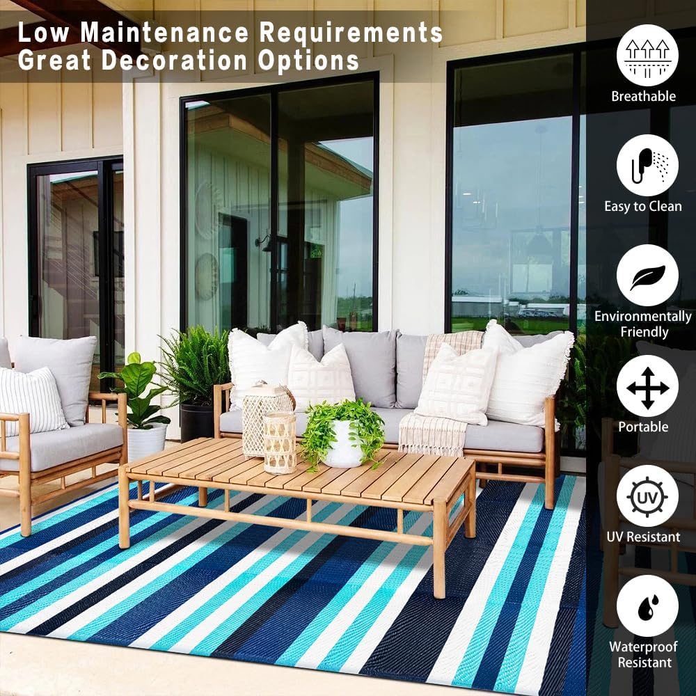 Outdoor Waterproof Rug 8'x10' Plastic Straw Rugs Washable Reversible Floor Mat Blue Stripe Carpet for Camping RV Deck Entryance Porch Picnic Balcony Beach Backyard