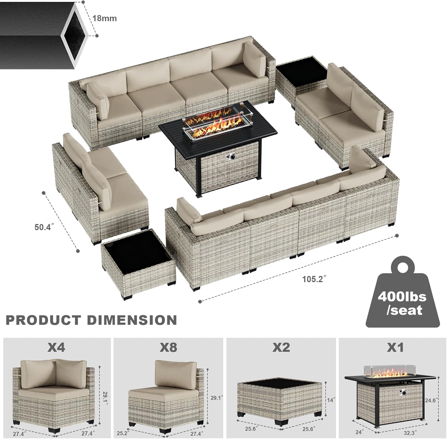 15-Piece Patio Furniture Set, Outdoor Patio Furniture with 55,000 BTU Fire Pit Table, Thick Cushions, Modular Patio Sofa, Dual-Strand Wicker Rattan, Rust-Resistant Frame, Khaki