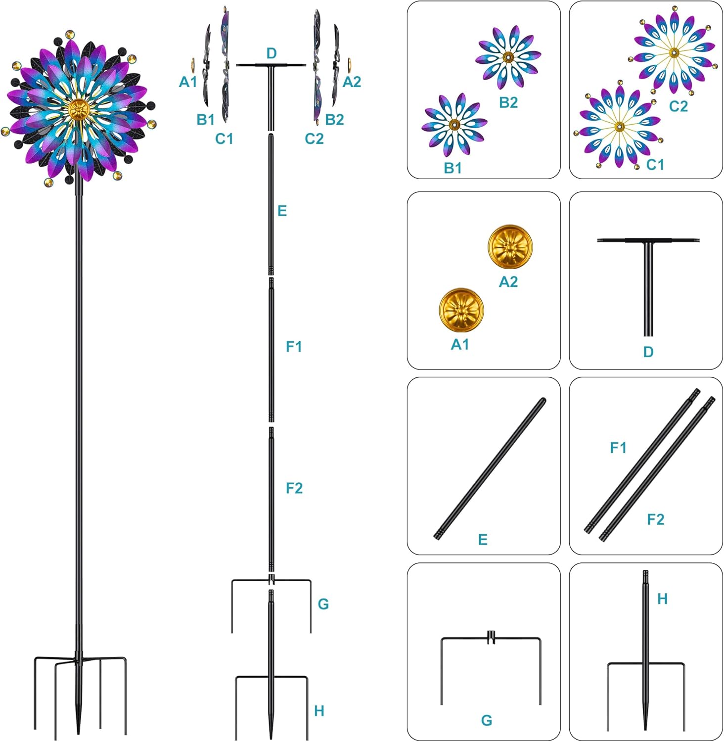 Metal Wind Spinner Outdoor - 63 inch Large Double Kinetic Art Garden Wind Sculpture & Spinners 360° Dual Direction Swivel Waterproof Windmill for Yard Patio Lawn Decoration