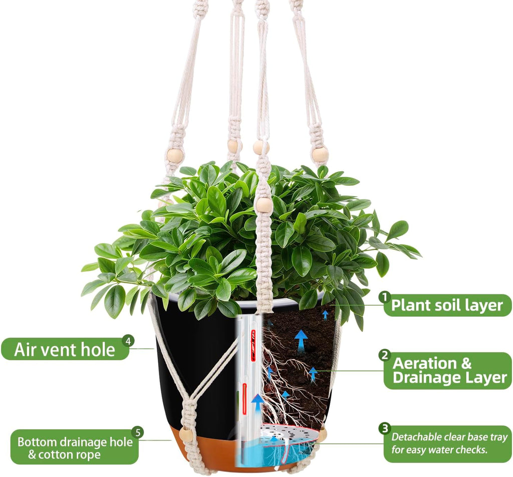 2-Pack 7.2-Inch Self-Watering Hanging Planters for Indoor & Outdoor Plants,34-Inch macrame hanger plant pots indoor with drainage,Small Hanging Planters & Baskets in Black,With two sets of hooks