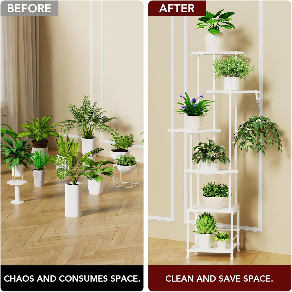 Plant Stand Indoor with Grow Light, 6-Tiered Tall Plant Stand Indoor, Metal Plant Shelf with Hanging Basket Hook and Adjustable Light, Ideal for Living Room, Garden, Patio white
