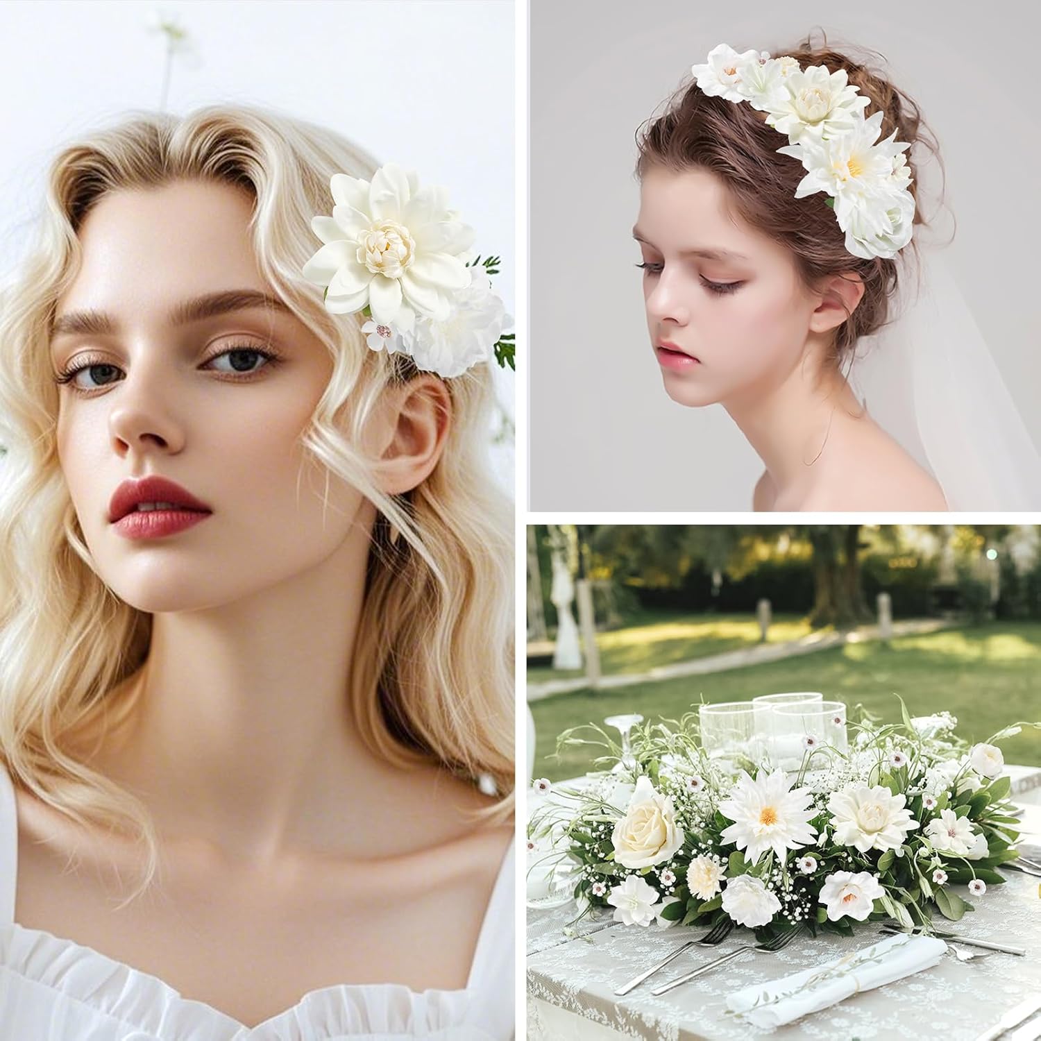 YYHUAWU Fake Flower Heads Mini White Artificial Flower Faux Dahlia Rose Flowers Multicolor Silk Daisy Flower Heads for Craft Garland Wedding Bridal Baby Shower Home Party Decoration DIY Cake Decor