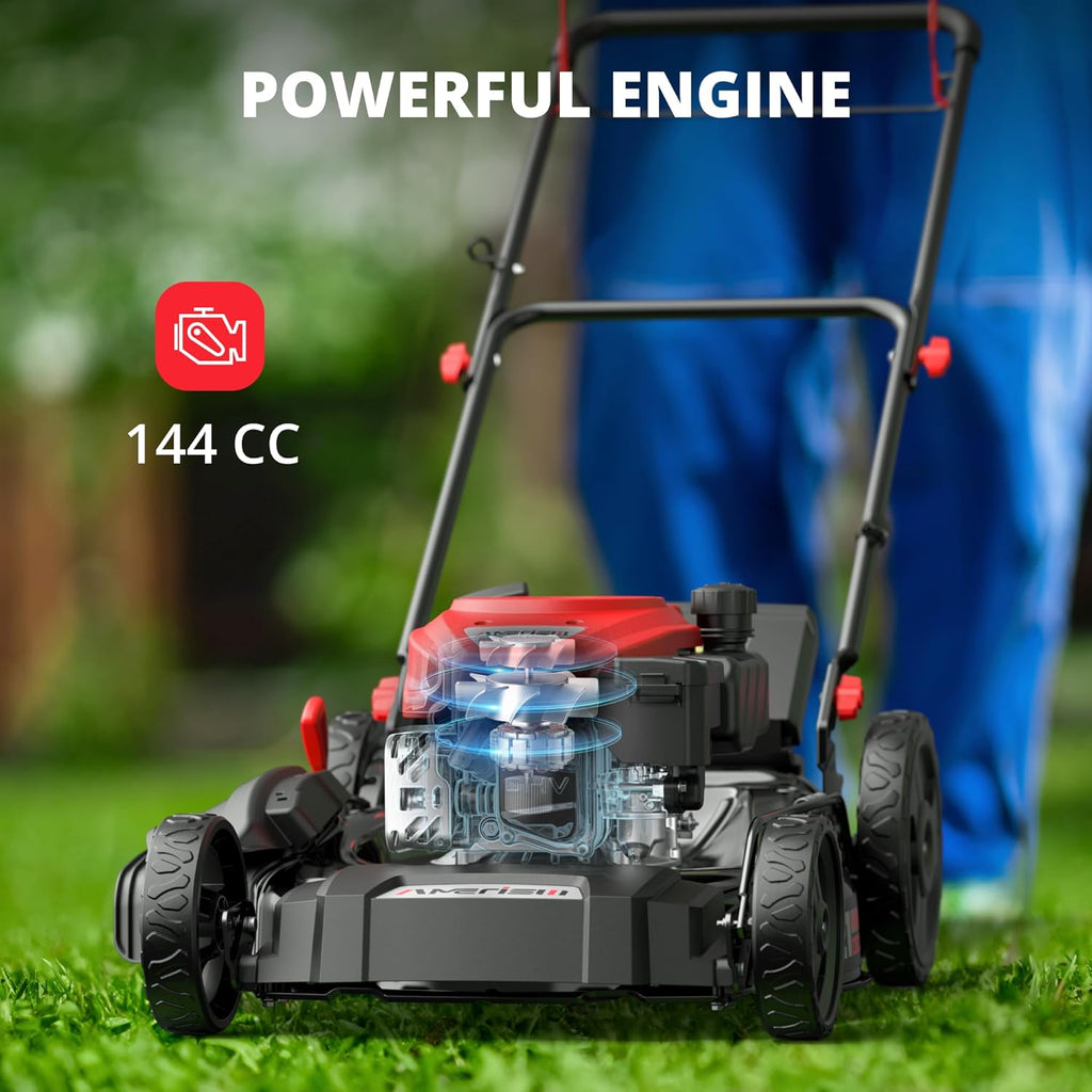 21" Gas Lawn Mower, 144cc Engine, 2-in-1 Mulching & Side Discharge, 6-Position Height Adjustment, Foldable Handles for Lawn, Yard, and Garden Maintenance