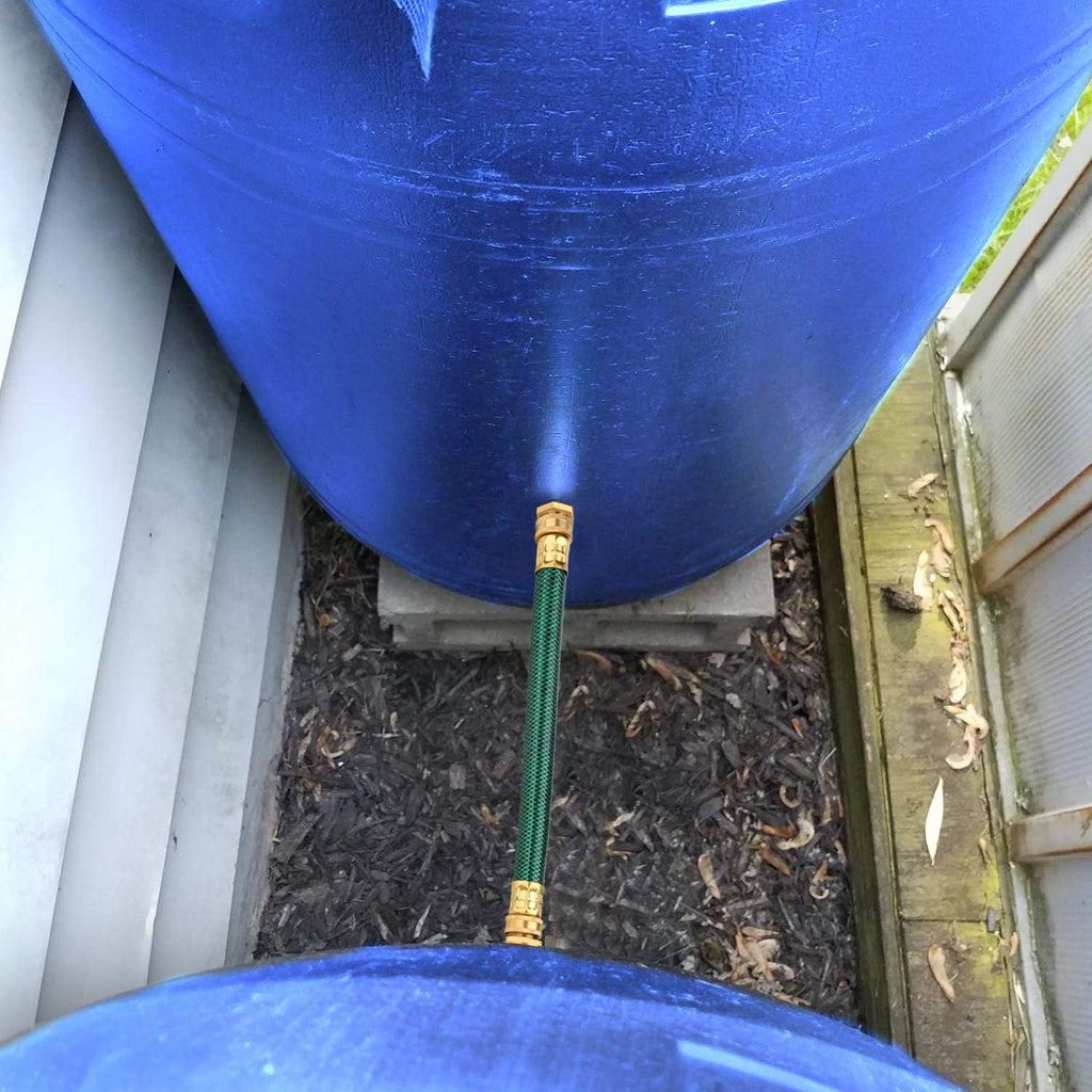 WADEO Rain Barrel Connector Kit Pack of 2, Rain Barrel Linking Kit with Two 12 Inch Hoses and Four Copper Plating Bulkhead Tank Fittings（Green）