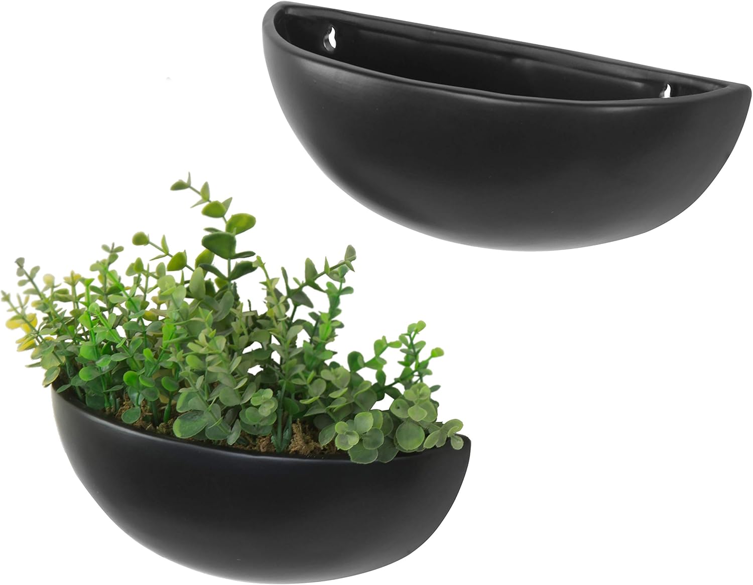 MyGift Matte Black Ceramic Indoor Wall Planter, 12 Inch Semi Circle Hanging Wall Vase, Set of 2