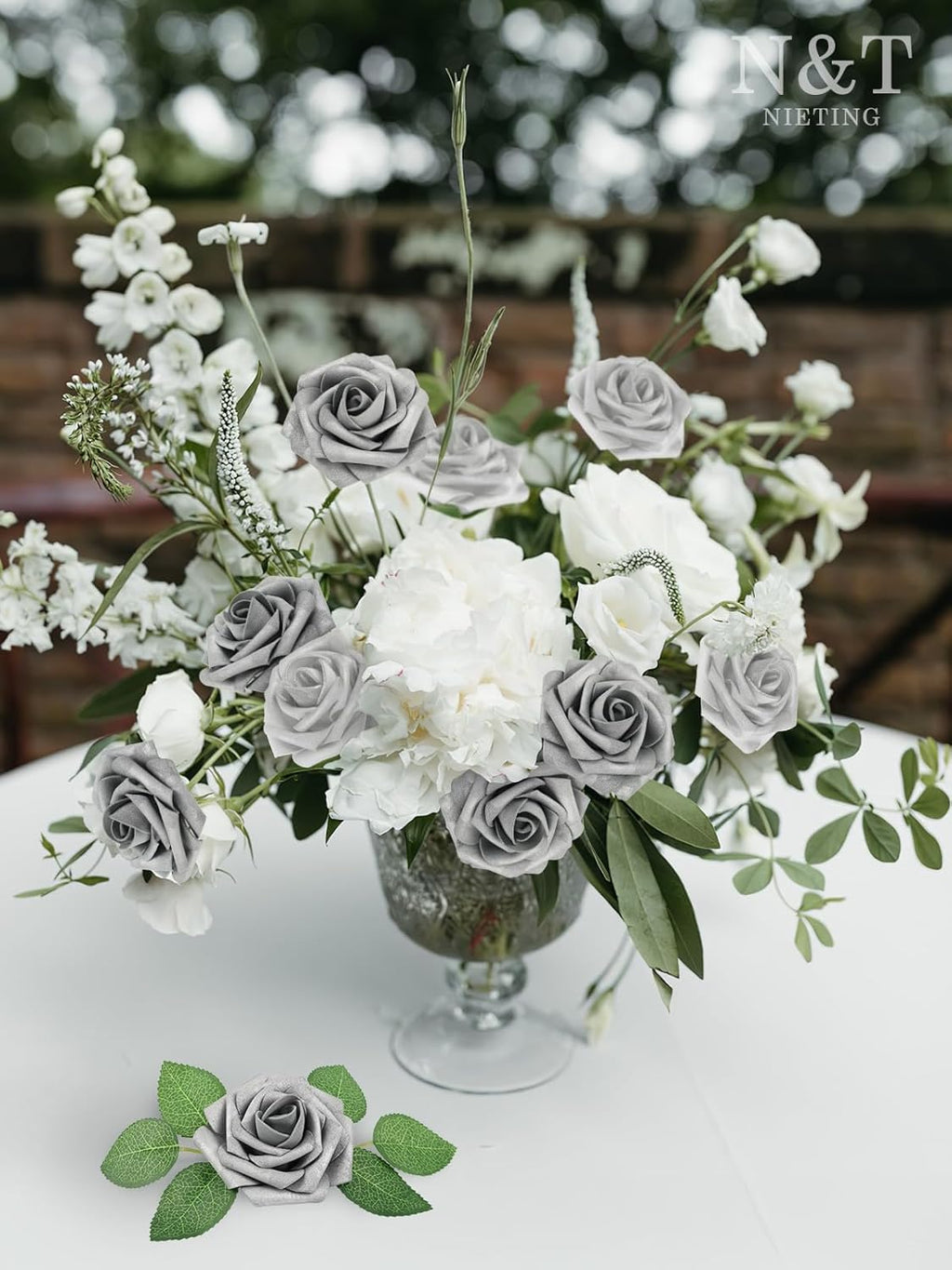 N&T NIETING Artificial Flowers, 25pcs Fake Flowers with Stems for Cake Decoration DIY Wedding Party Baby Shower Decoration, Silver White and Silver Grey