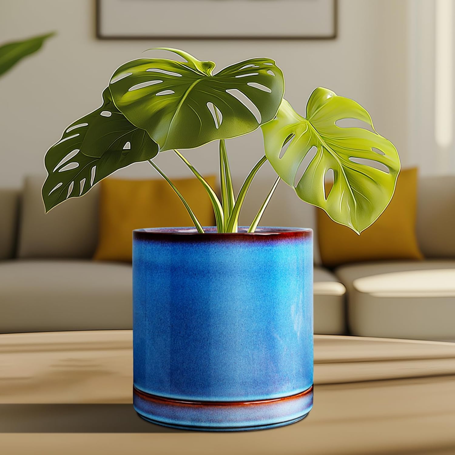 EFISPSS Ceramic Planter 8 Inch, Ceramic Plant Pots with Drainage Hole and Saucer, Indoor Modern Flower Pot for Home and Office Flower Pot - Blue