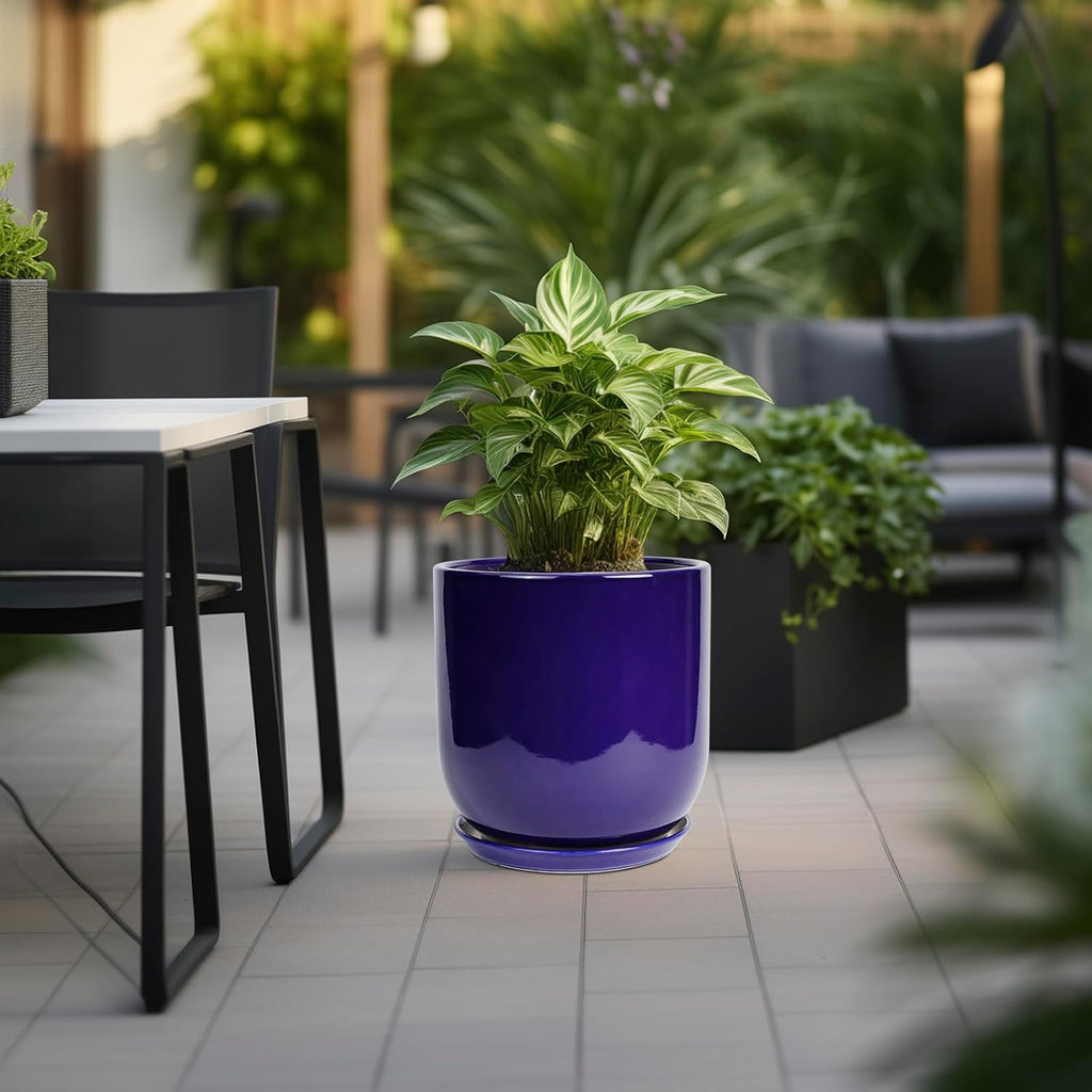 Ceramic Planter - 12 Inch Pots for Plants Ceramic Plant Pot Indoor with Drainage Hole and Saucer Large Planter Flower Pot Outdoor for Home Garden Decor Blue