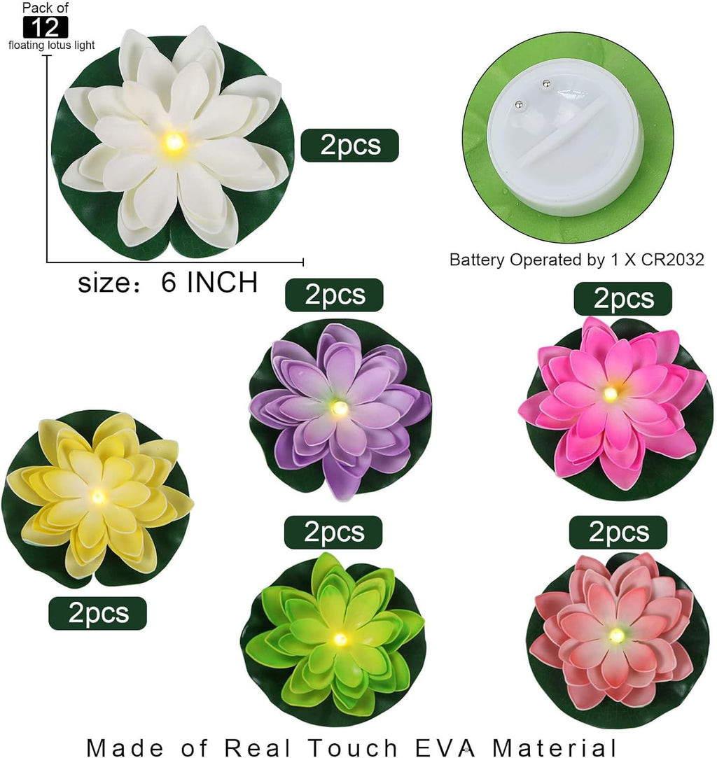 12 PCS Waterproof Floating Lotus Light - Diwali Floating Flower Light Battery Operated Water Activated Warm White Light Pool Flower Lamp Wedding,Anniversary,Garden Decoration(6 Inch, Mix-Color)