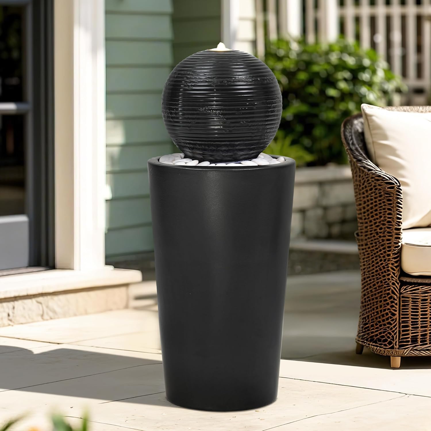 30" H Ceramic Sphere Water Fountain with LED Light, Modern Minimalist Design, Black Glaze with White Pebbles, Soothing Trickling Water Feature, Adding Artistic Charm & Tranquil Ambiance