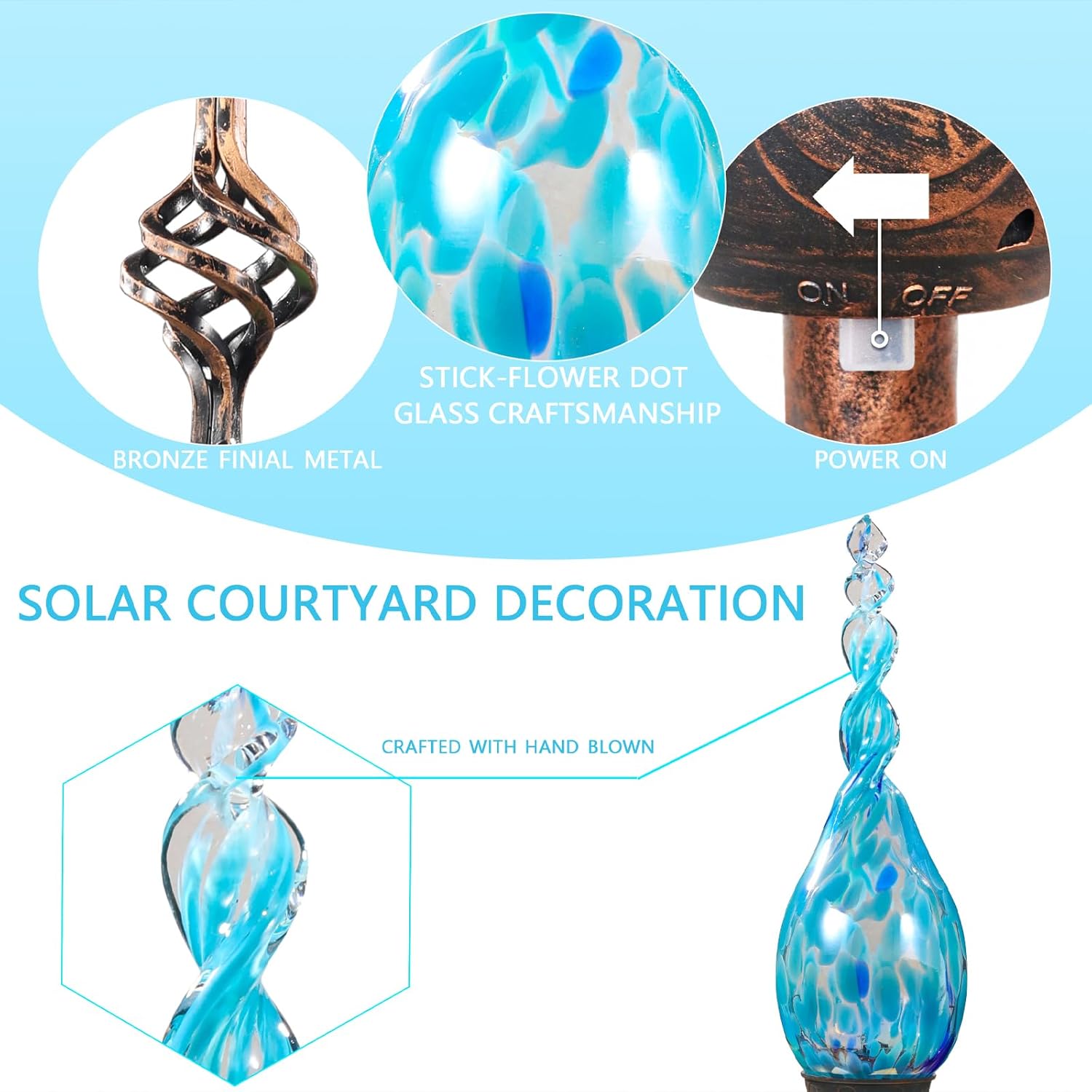Garden Solar Light, Decorative LED Flame Garden Stakes, Hand Blown Glass and Metal Outdoor Decoration, 3 x 36 Inches (Light Blue)