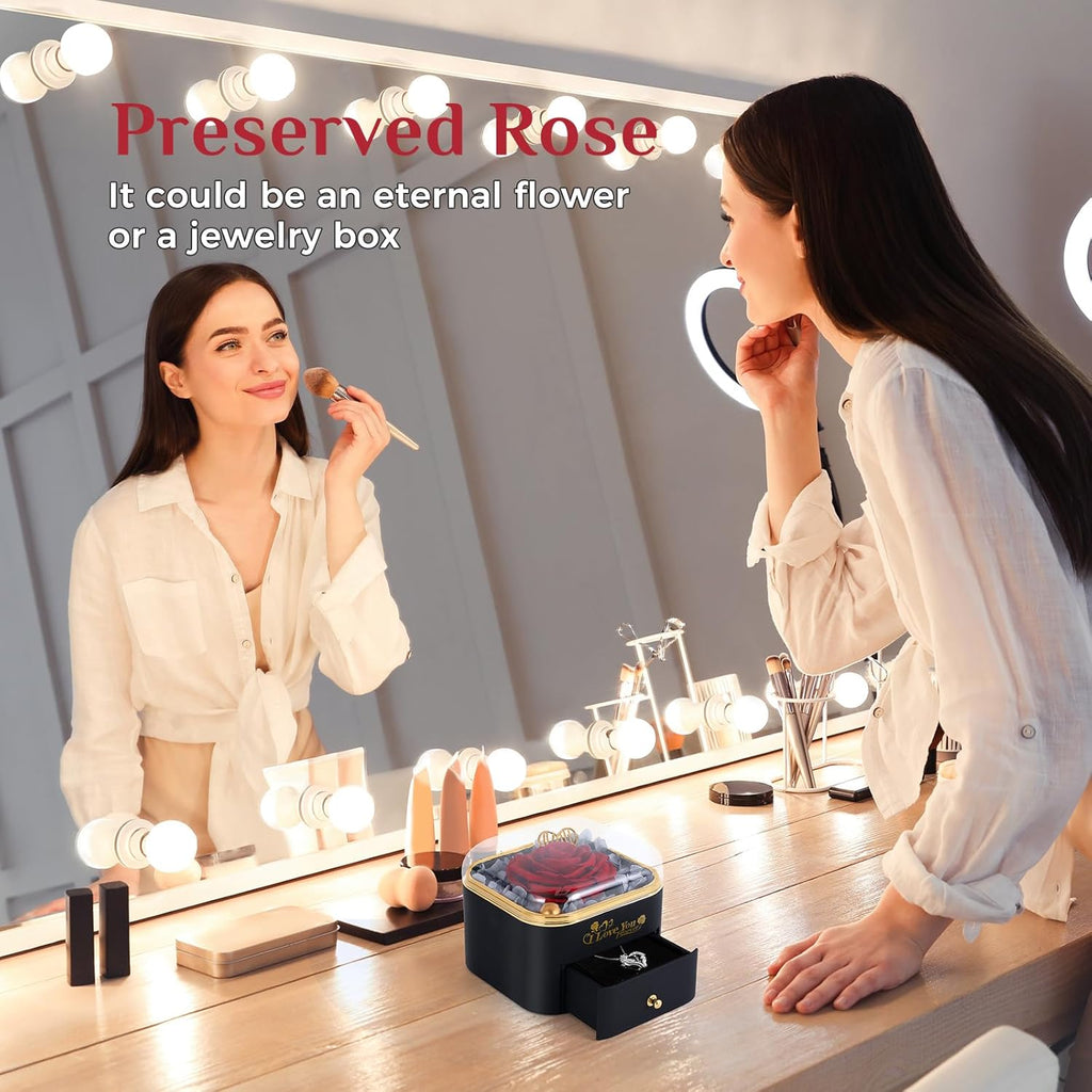 Mikasol Preserved Rose & Heart-Shaped Necklace with Jewelry Box - Preserved Rose, Ideal Romantic Gift for Women, Anniversary, Valentines, Black, 4.9"x4.5"x4.1"