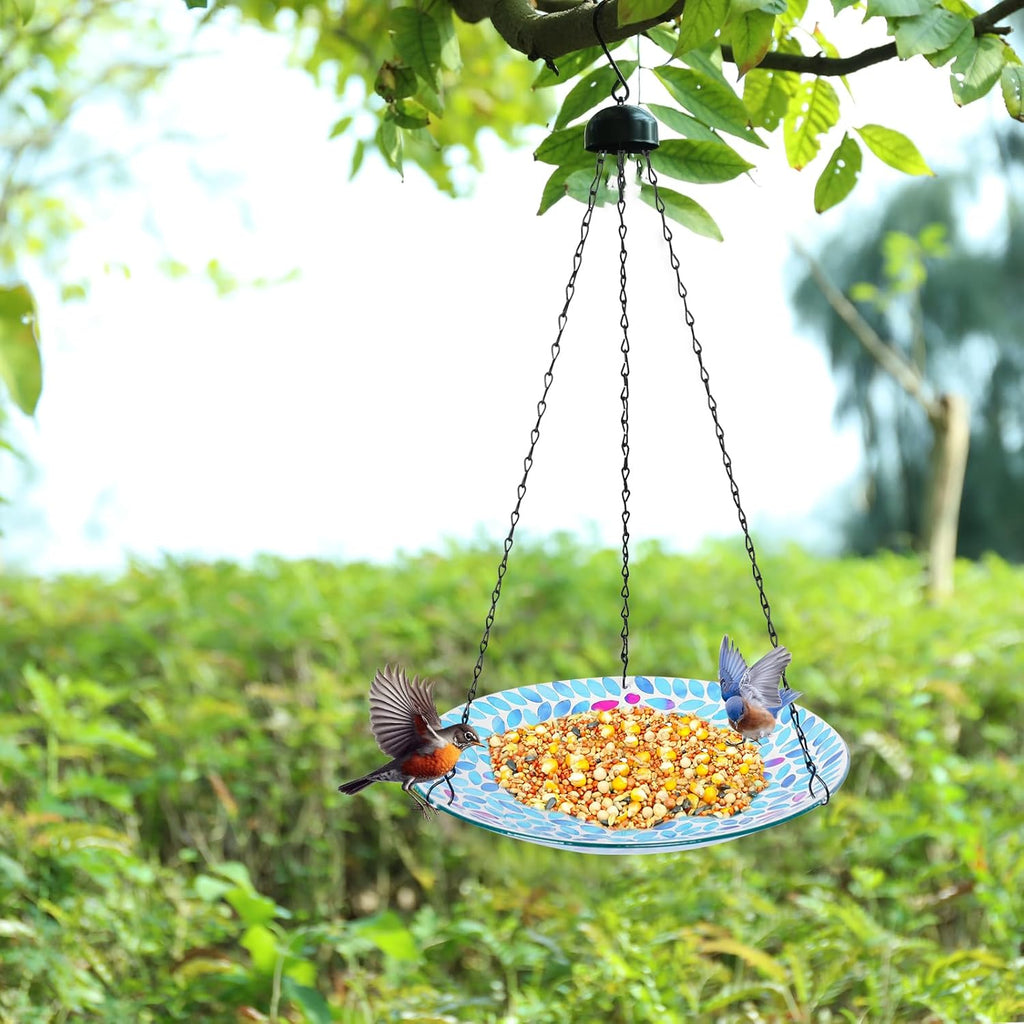 MUMTOP Mosaic Hanging Bird Bath-Bird Baths for Outdoors - 12 Inch Glass Bird Water Bowl Bird Feeders for Outside, Garden, Lawn Yard Decor（Blue）