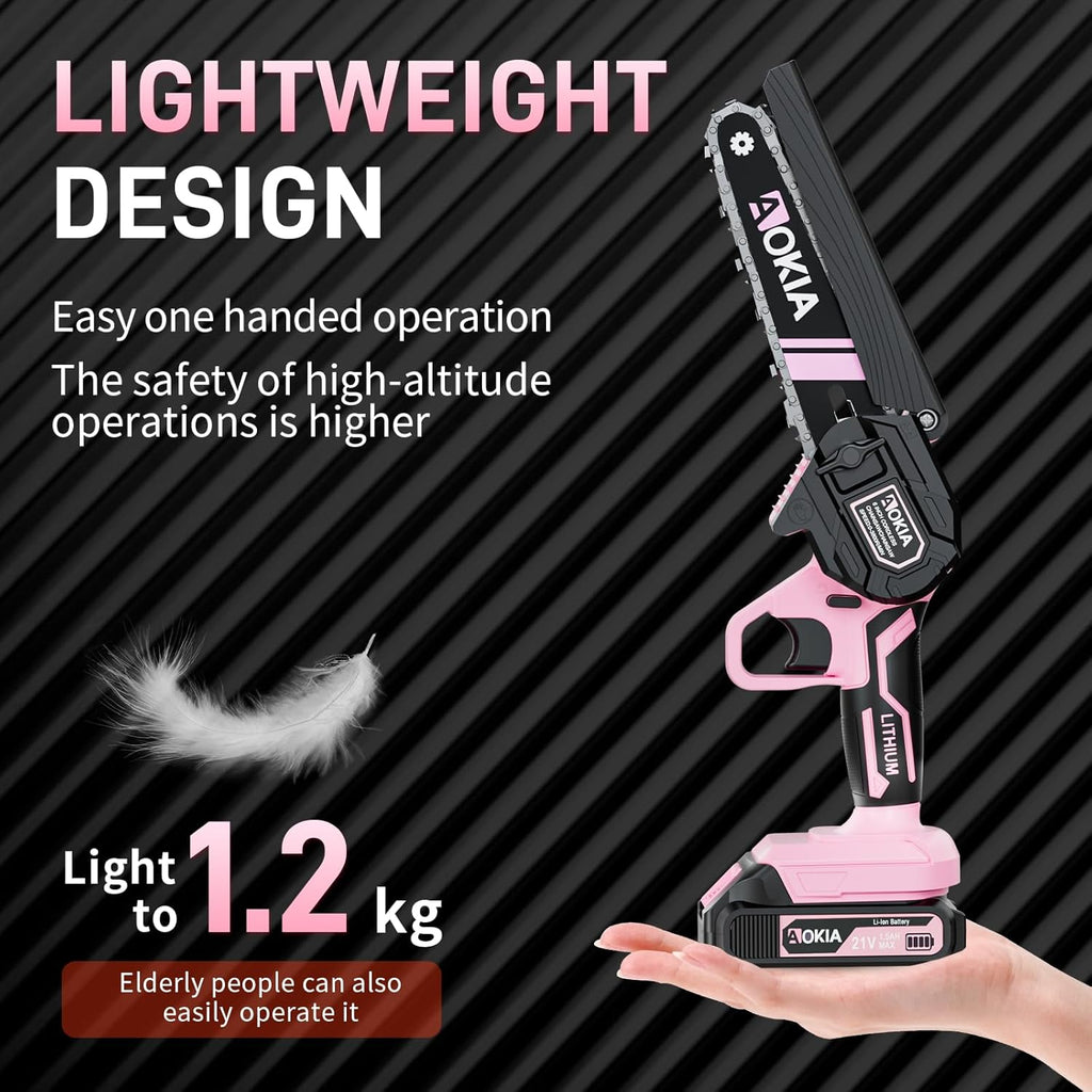 Cordless Mini Chainsaw 21V,6In Electric Chainsaw,Handheld & Portable Power Chain Saw for Tree Trimming Pruning Garden & Yard Work,2 Battery Chain Saw Gifts for Men Women Dad Pink