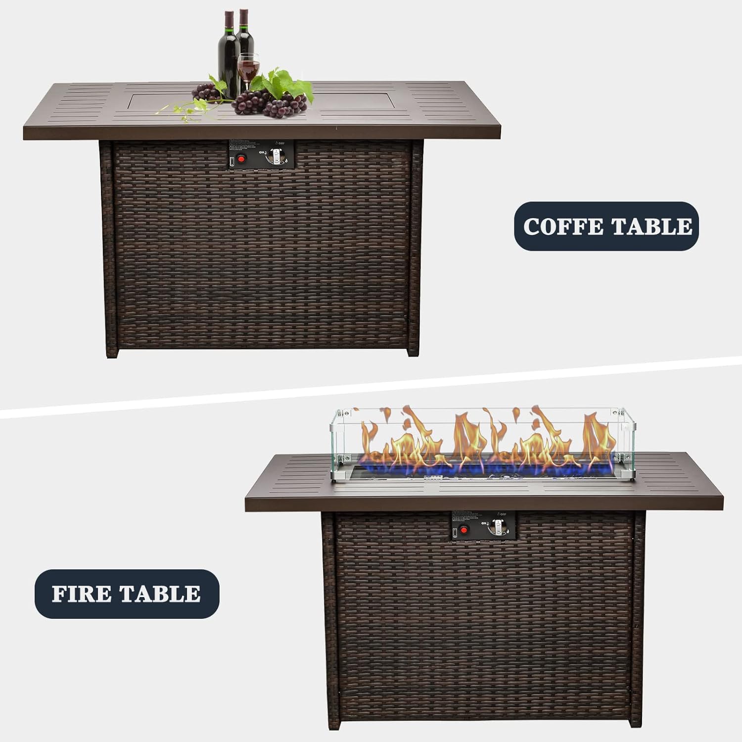 44 Inch Propane Gas Fire Pits Table for Outside Patio, 60000 BTU Rectangular Outdoor Wicker Rattan Fire Pit with Glass Wind Guard