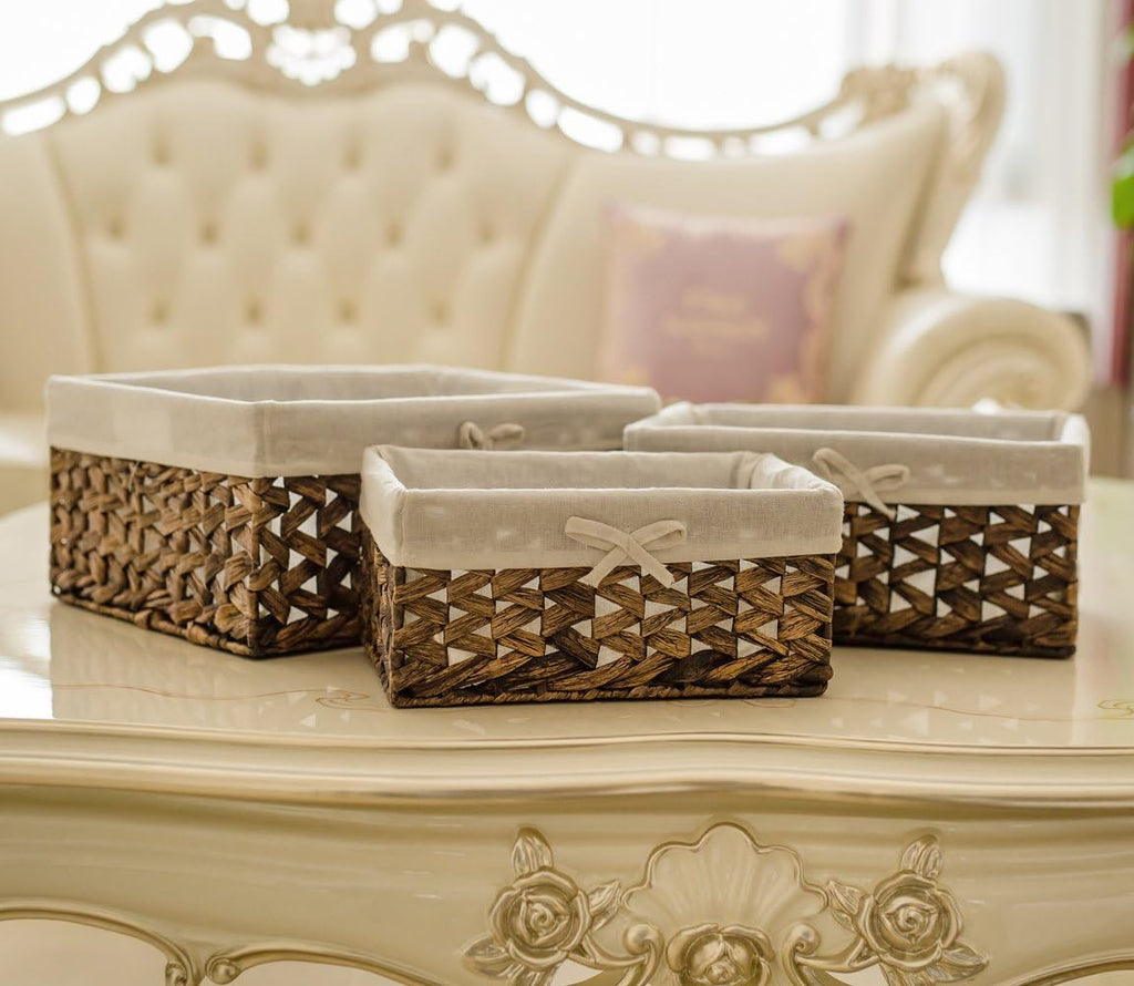 Rectangular Woven Seagrass Storage Bins with Handle,Kingwillow. (water hyacinth, Set of 3)