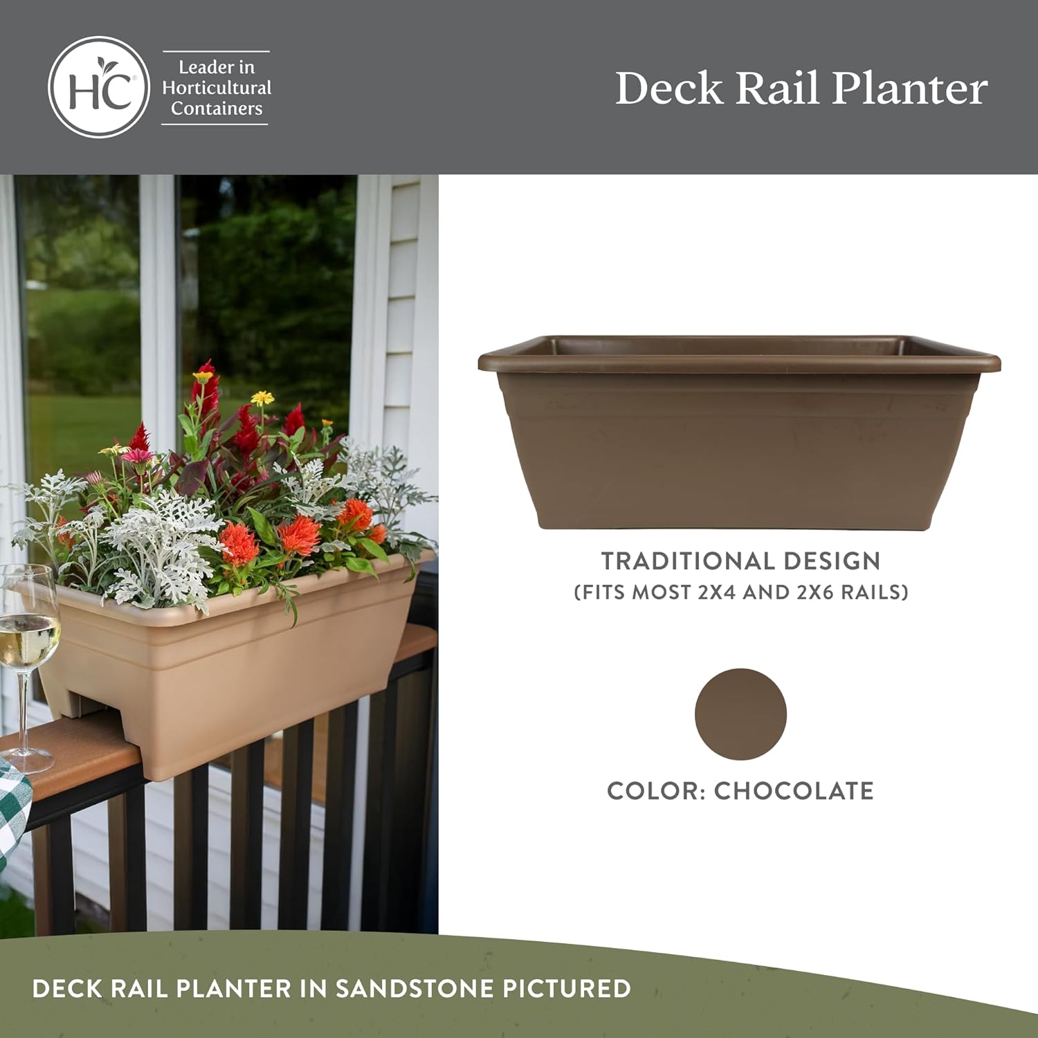 The HC Companies Deck Railing Planter Box w/Removable Drain Plugs - Lightweight & Weatherproof Plastic Flower Box - Balcony Planters for Railing and Fence (24”, Chocolate)