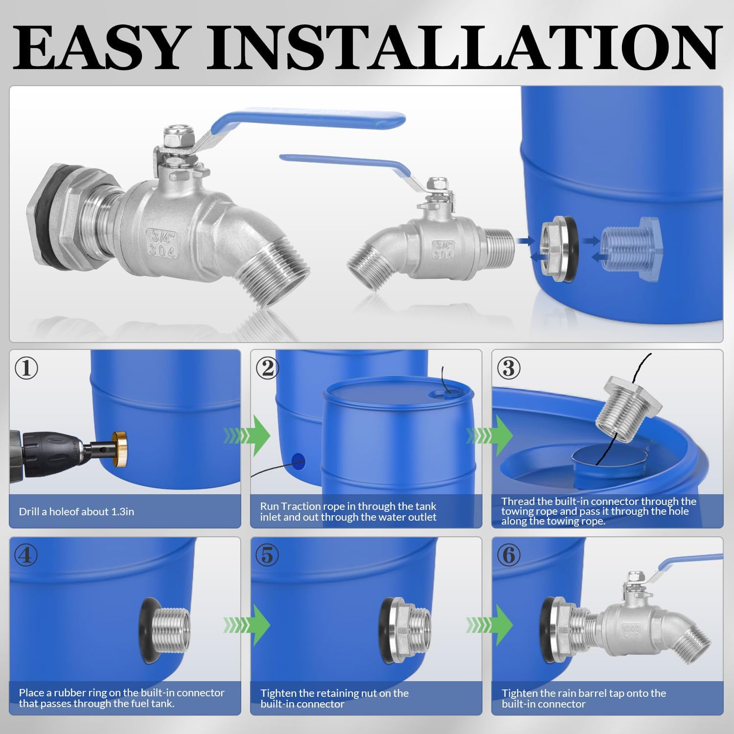 Rain Barrel Spigot Kit High Flow Water Barrel Faucet 3/4"NPT to 3/4"GHT 304 Lead-Free Compliant Stainless Steel Faucet for Rain Barrels,Rain Barrel Quarter Turn Spigot with Bulkhead Fitting