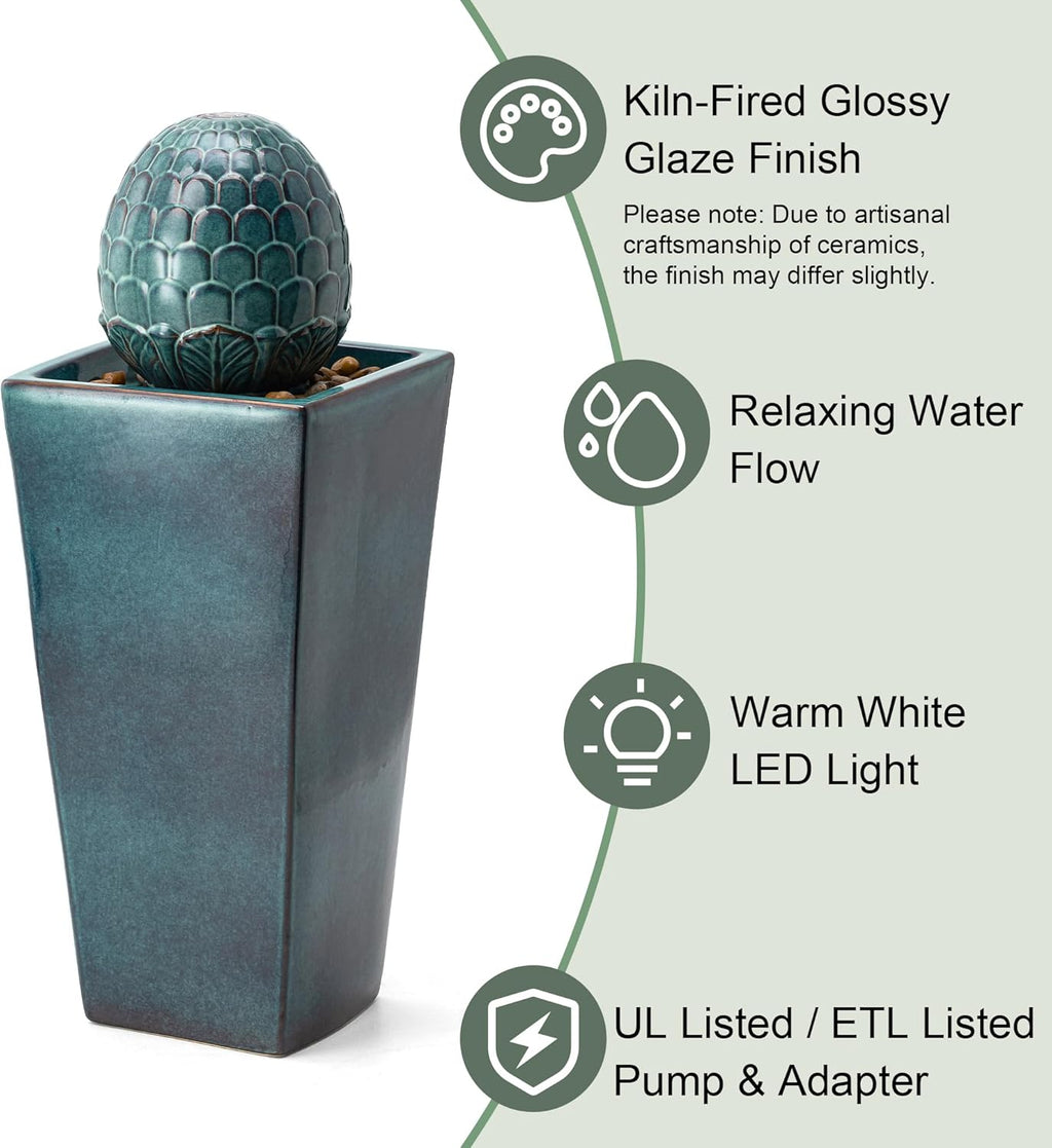 Glitzhome Ceramic Outdoor Water Fountain with LED Light, Oversized Artichoke Pedestal Water Fountains with Submersible Pump, Patio Fountain Waterfall for Garden Patio Deck Porch, Turquoise, 35.75" H