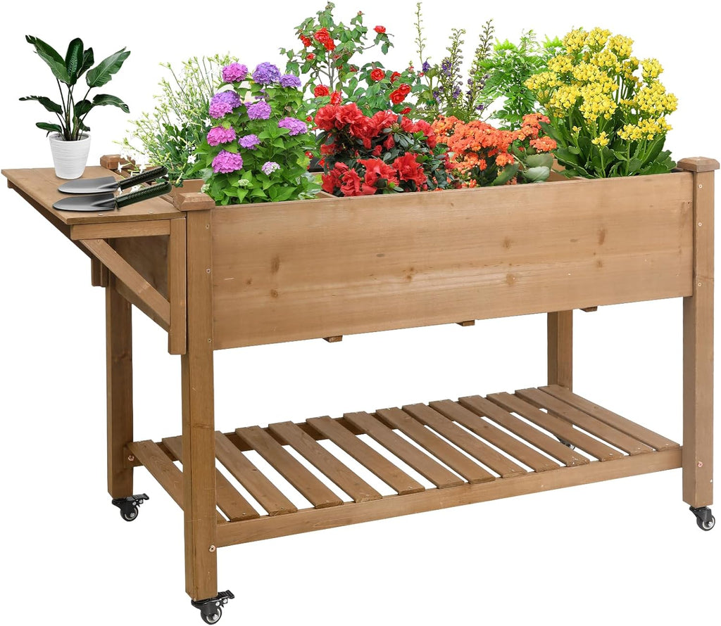 Raised Garden Bed Outdoor with Lockable Wheels, 55"x 24" x 33" Elevated Wood Planter Box for Backyard Balcony Patio , Garden Flower Beds with Drainage Holes & Storage Shelf, Gift for Gardening, Brown