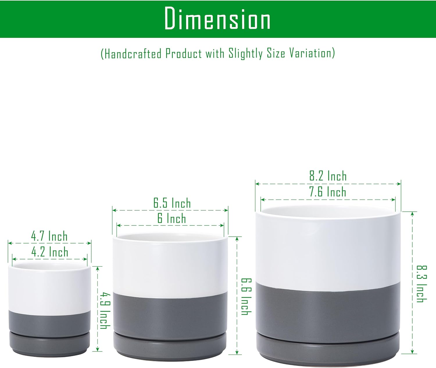 D'vine Dev 4 Inch & 6 Inch & 8 Inch, Set of 3 Round Ceramic Planter Pot with Drainage Hole and Saucer, White/Speckled Grey, 94-T-M-6