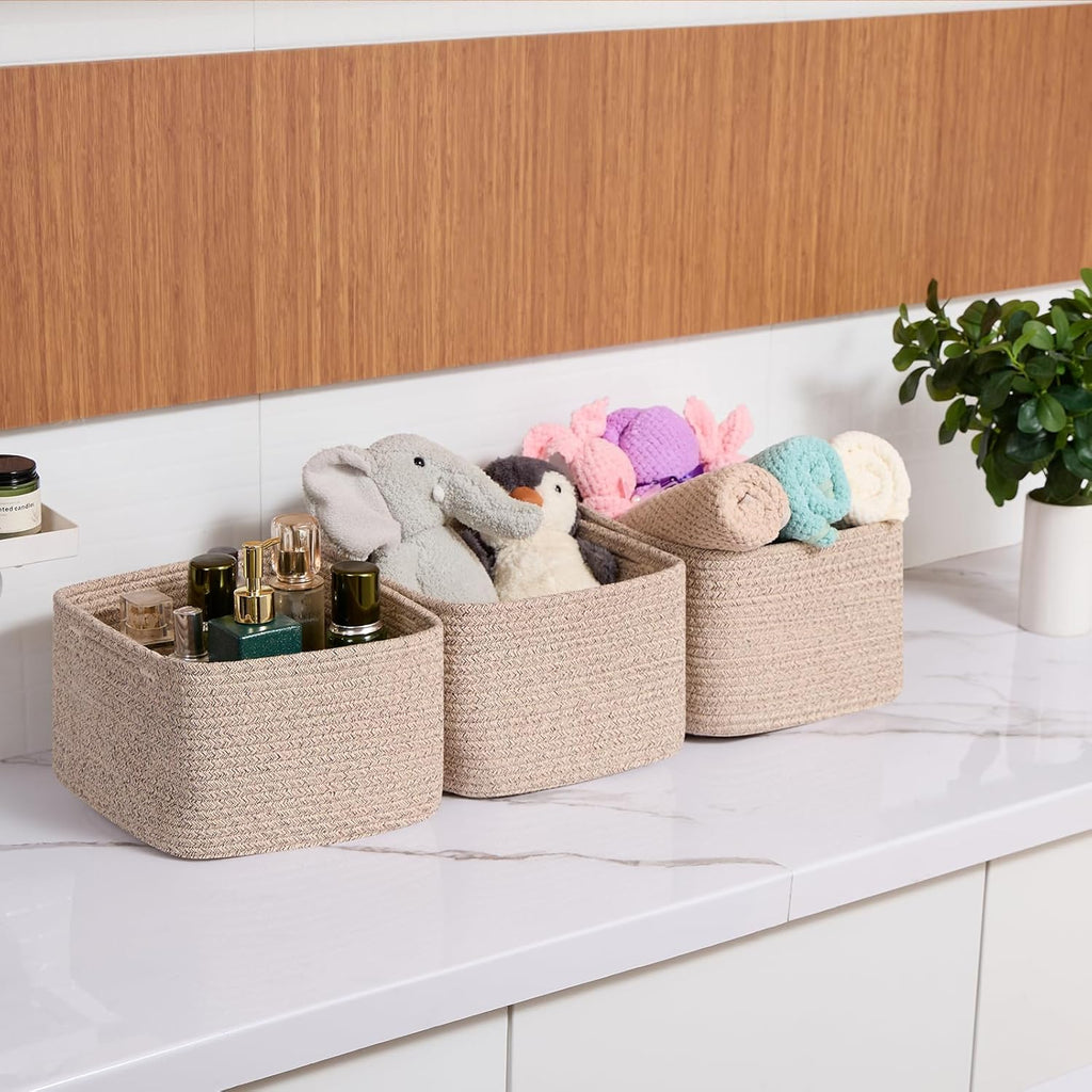 Small Organizing Baskets for Cubes Shelf, 9.7x9.7x7.1 Inch Rope Woven Storage Bins for Nursery Shelves Storage, Cute Toy Basket, Square 3 Packs Mixed Brown