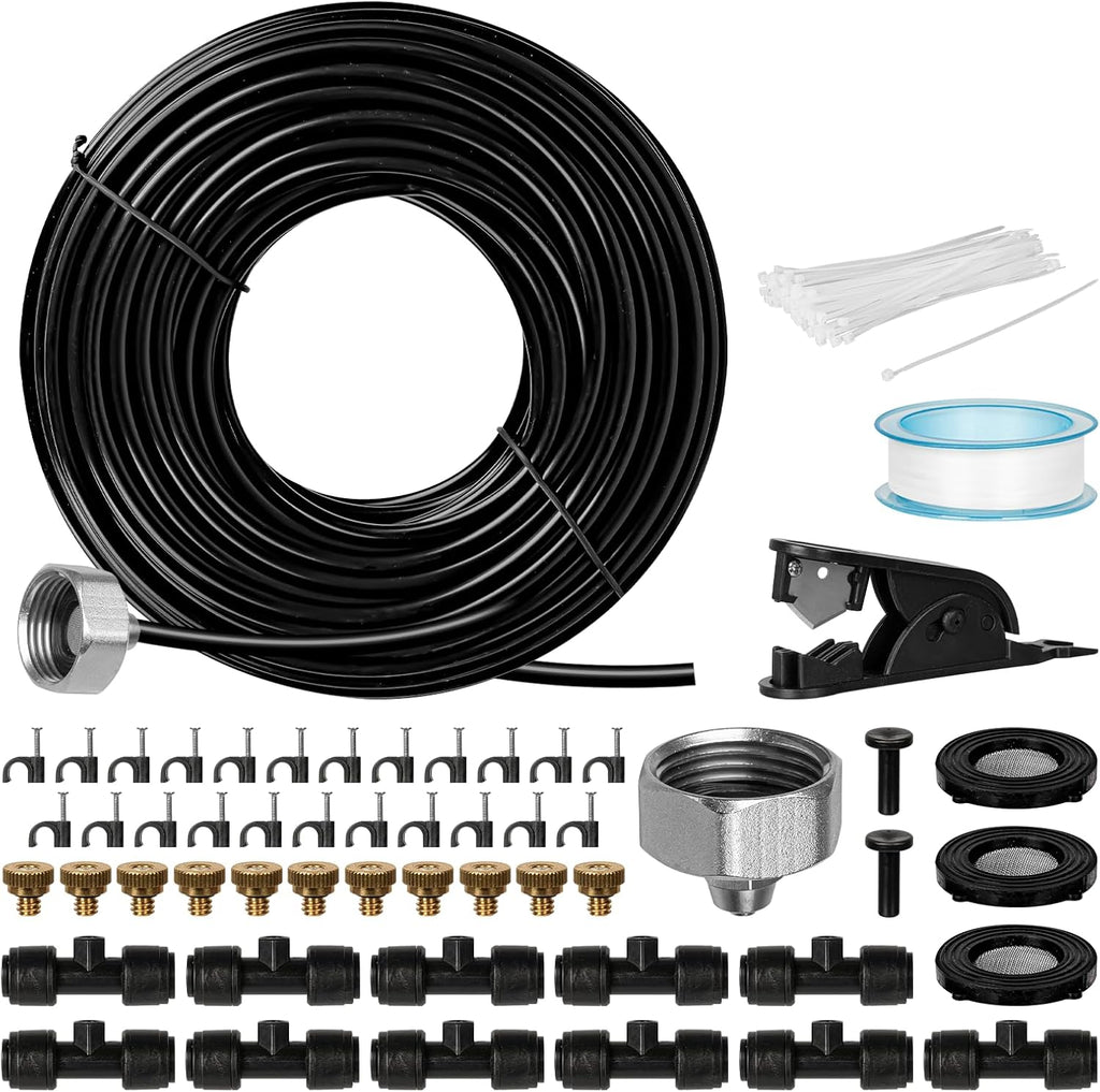 OnBrand Patio Water Misters for Cooling Outdoor, 40FT Mister for Outside with 3/4" Adapter and 11 Brass Mist Nozzles, Misting Cooling System with 11 Atomizing Connectors for Kids Pets Party Camping