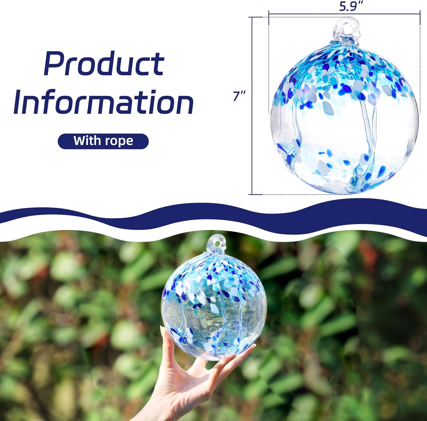 VOREEN 6" Hanging Glass Garden Gazing Ball Hand Blown Glass Witch Ball Christmas Ornament Friendship Balls for Outdoor Garden Patio Window Home Décor, Gift for Mom Wife Friend, Blue
