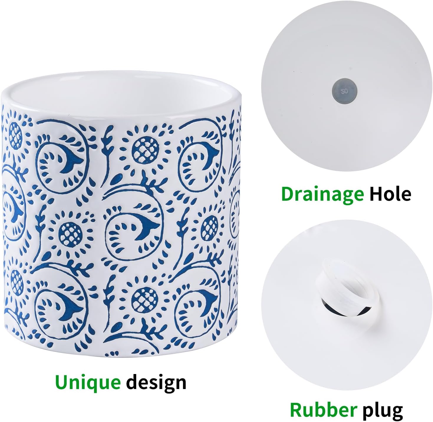 Ceramic Plant Pot for Indoor Plants, 6 Inch Blue & White Floral Porcelain Ceramic Decorative Flower Pot with Drainage Holes, Modern Planter for Home & Office Decor