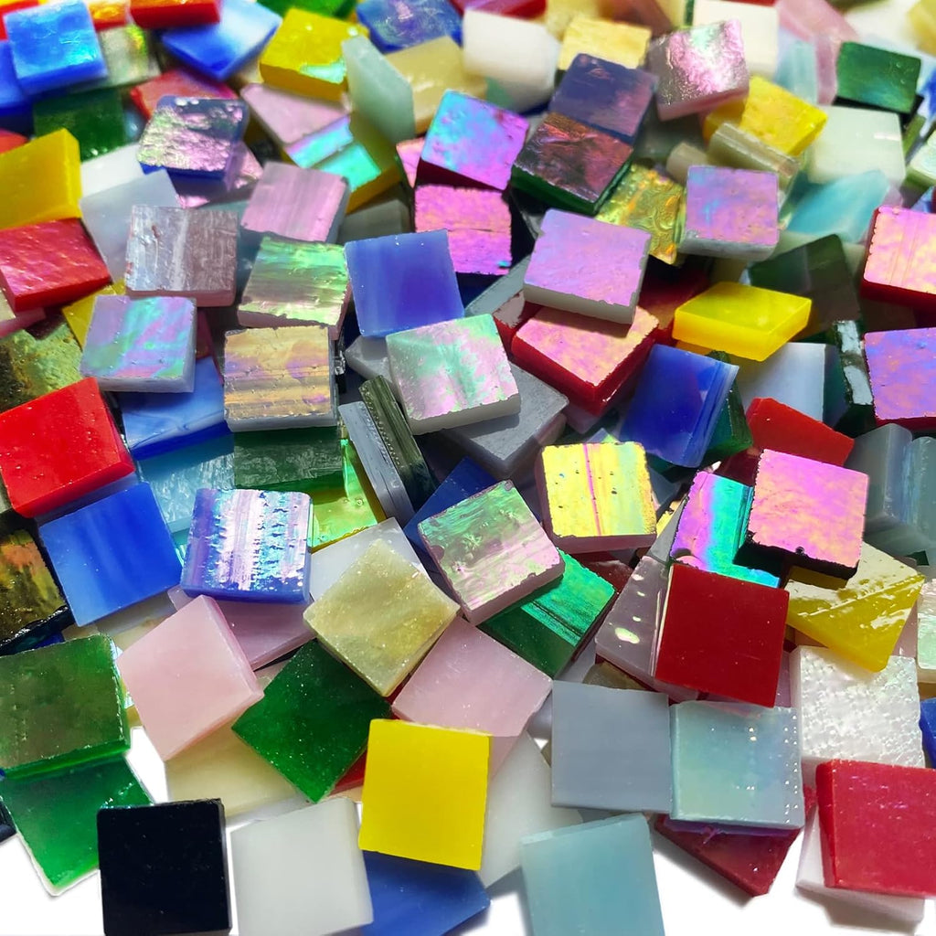 610 Pieces Iridescent Square Glass Mosaic Tiles, Colorful Stained Glass Sheets for Crafts, Stained Glass Supplies, KALUCION Rainbow Mosaic Kit for Adults