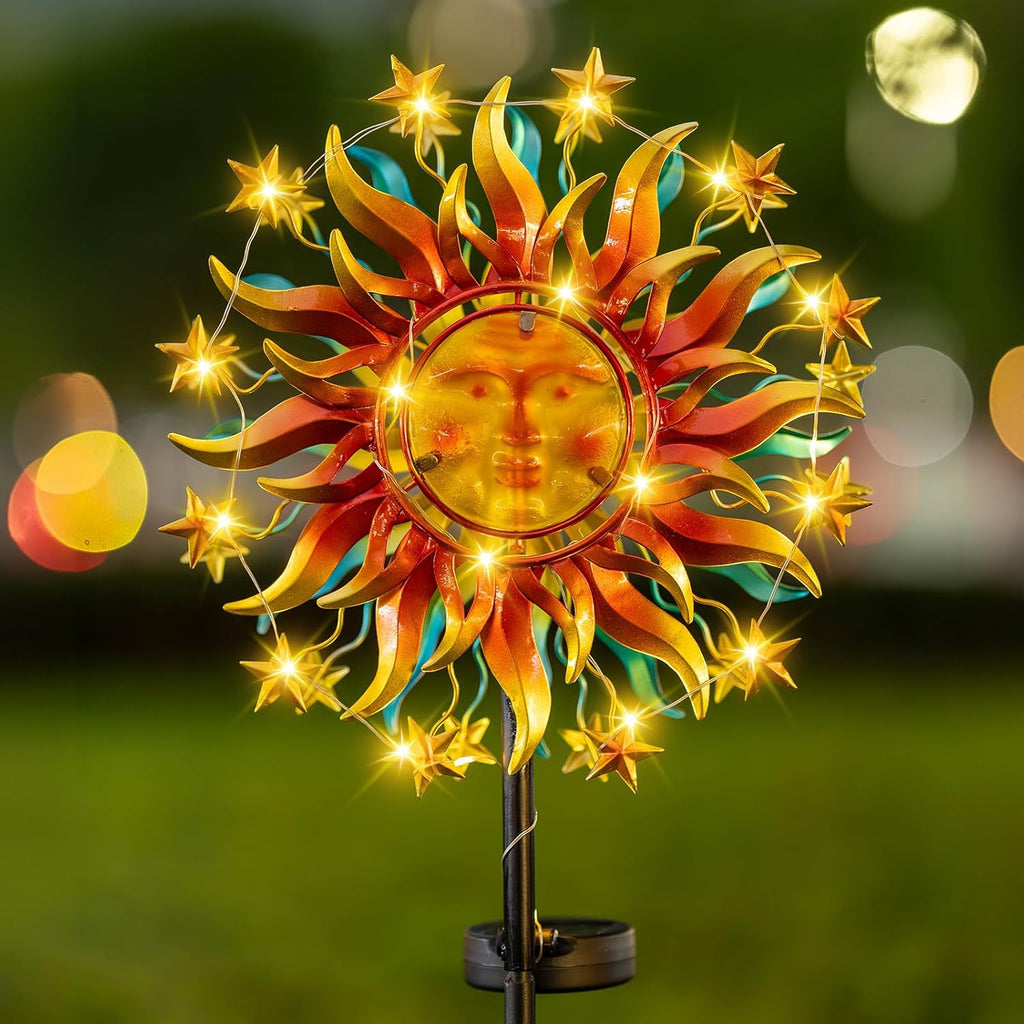 Solar Wind Spinners for Yard Garden - 60.3 Inch 360° Metal Sun Wind Sculptures Outdoor Clearance Kinetic Windmills with Vine String Shining LED Lights for Patio, Lawn Xmas Garden Decoration