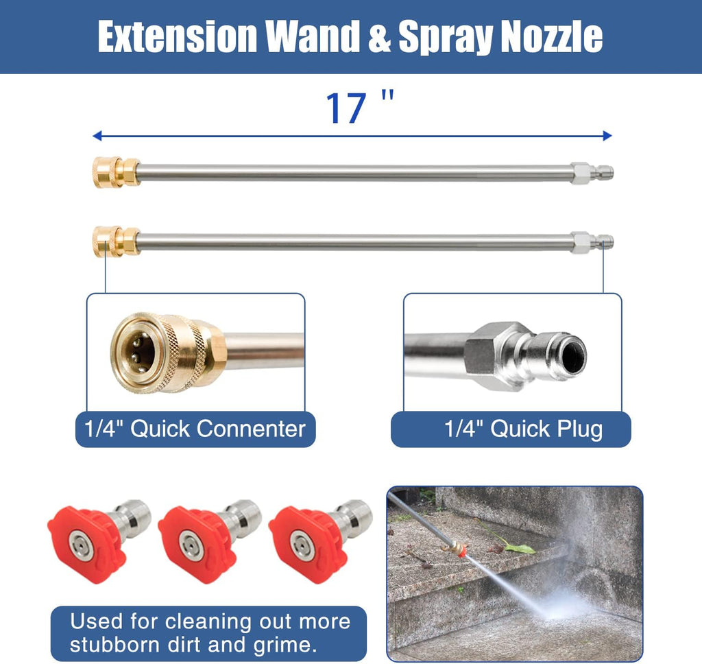 JANZ 20'' Pressure Washer Surface Cleaner with 4 Wheels, Stainless Steel Housing, 1/4" Quick Plug, 2 Extension Wands, 2 Replacement Nozzles and 3 Spray Nozzles, 4000 PSI