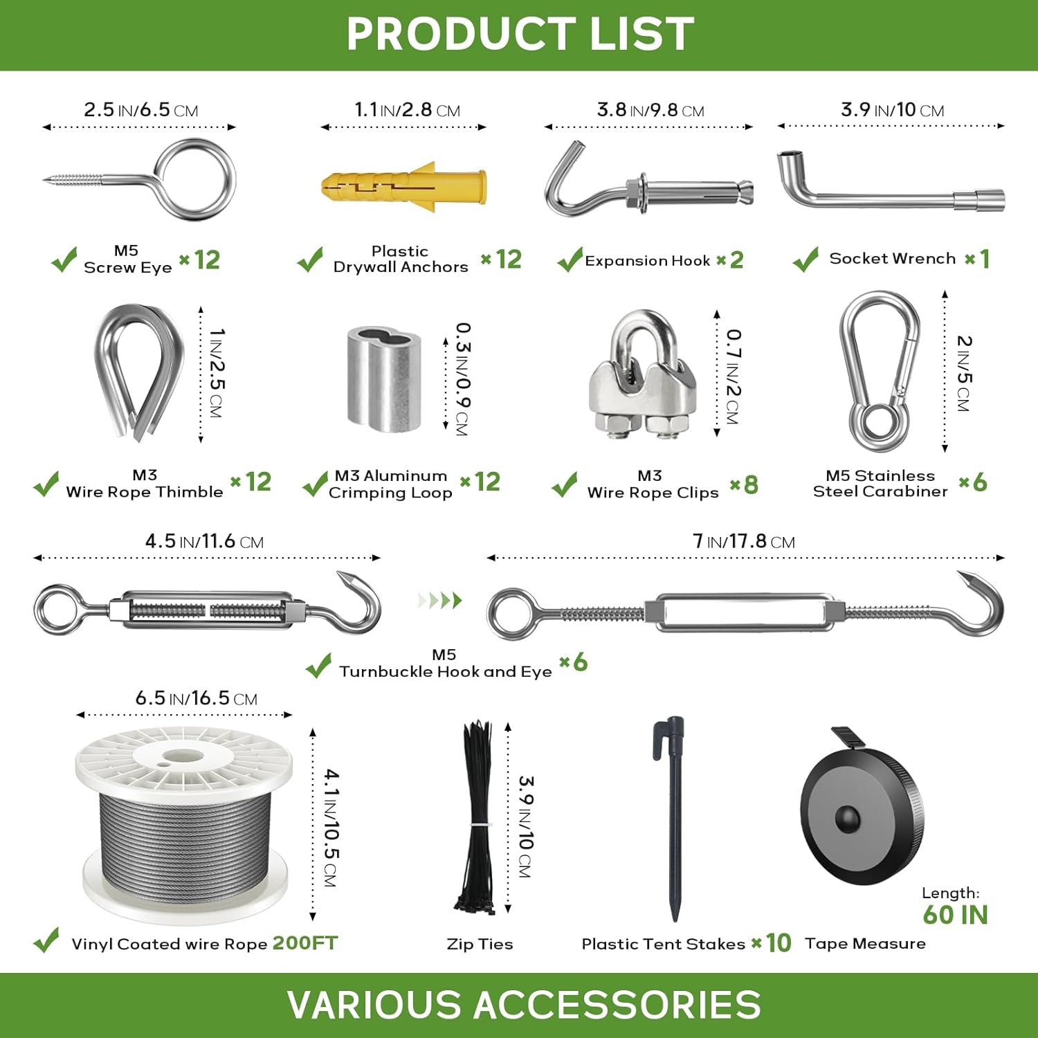 1/8" Wire Rope Kit, 200FT Steel Wire Cable, Vinyl Coated Stainless Steel Cable with Turnbuckles for Outdoor, Garden, Kitchen and Craft Projects