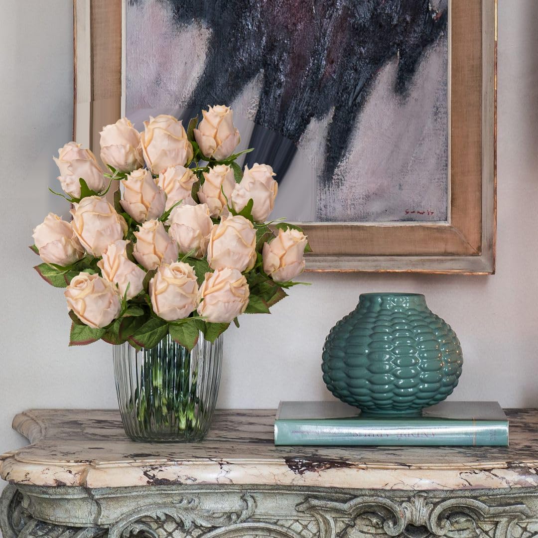 Artificial Realistic Roses Champagne Flowers 24" Real Touch Silk Roses Bouquet Long Stems Rose for Flower Arrangement Fake Roses Decor for Home Party Wedding Table Centerpieces Roses Realistic - 5 Pcs