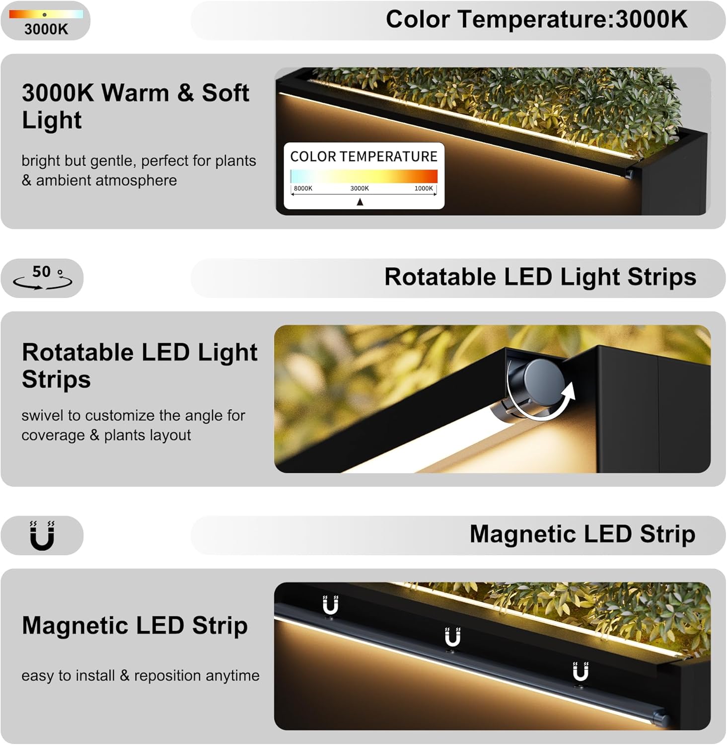 GSK 30" L Black LED Metal Planter Flower Box Vibe LED Lighting Strips ×2 Galvanized Steel Trough Shelf Grow Drainage Holes Indoor Space Rectangular Outdoor Patio Garden Decor Plant Herbs Houseplants