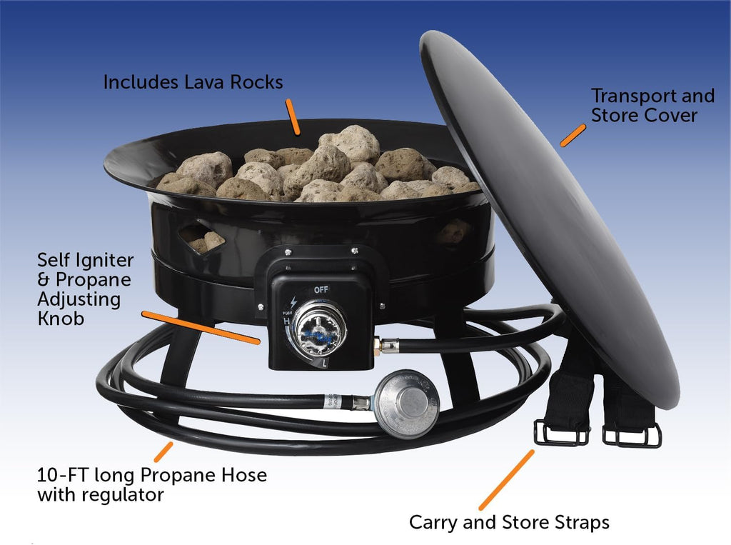 Flame King Smokeless Propane Fire Pit, 19-inch Portable Firebowl, 58K BTU with Self Igniter, Cover, & Carry Straps for RV, Camping, & Outdoor Living