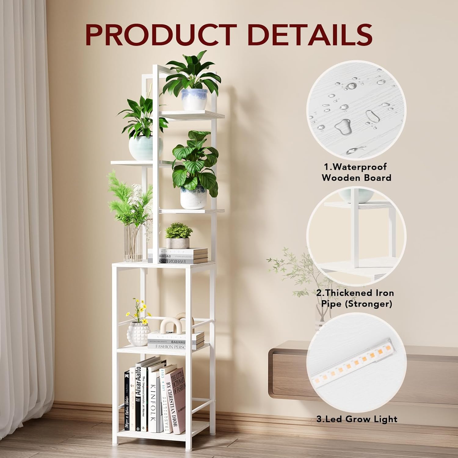 Plant Stand Indoor with Grow Light, 6-Tiered Tall Plant Stand Indoor, Metal Plant Shelf with Bookshelf Bookcase and Adjustable Light, Ideal for Living Room, Reading room, Garden, Patio (white)