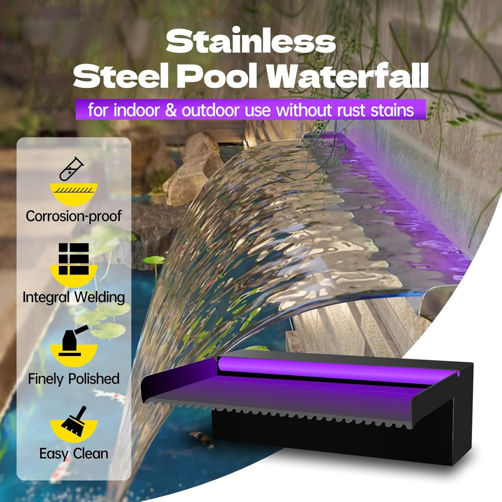 Pool Waterfall Spillway Stainless Steel Pond Fountain, APP Control Colorful LED Lighted Outdoor Black Fountains, Water Flow Spillways Kit for Koi Pond, Swimming Pool, Garden-35.4"x7.8"x3.9"